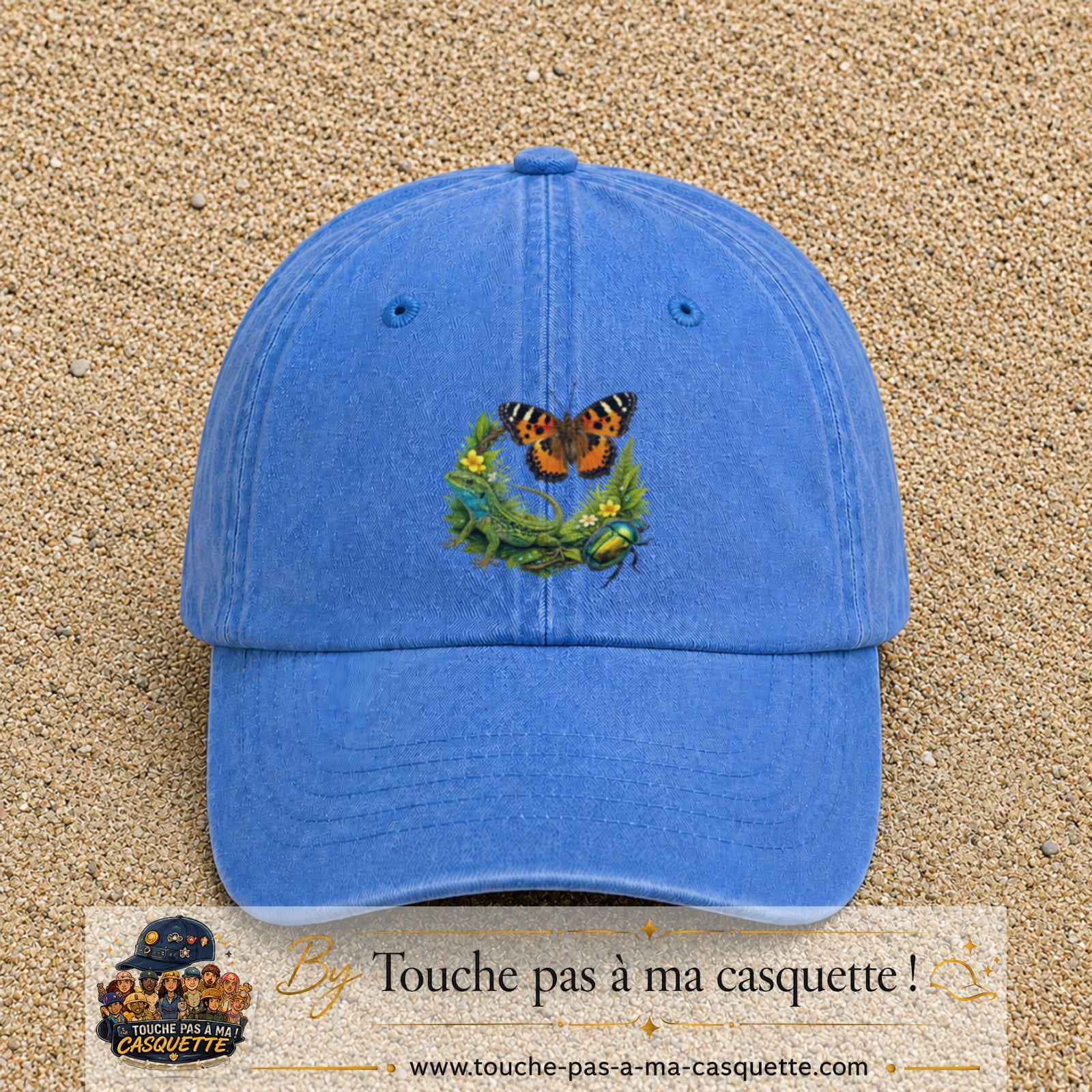Image principale casquette Bleu ciel délavé avec motif Papillon et lézard 7 cm