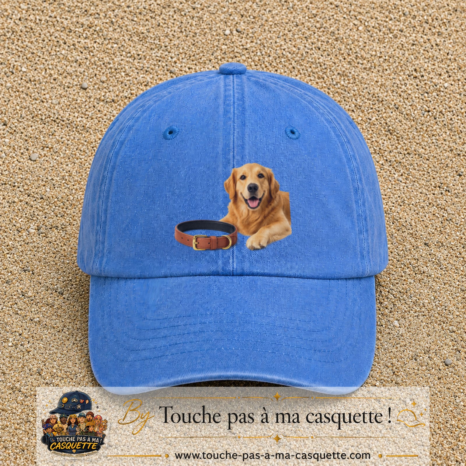Image principale casquette Bleu ciel délavé avec motif Chien avec collier 7 cm