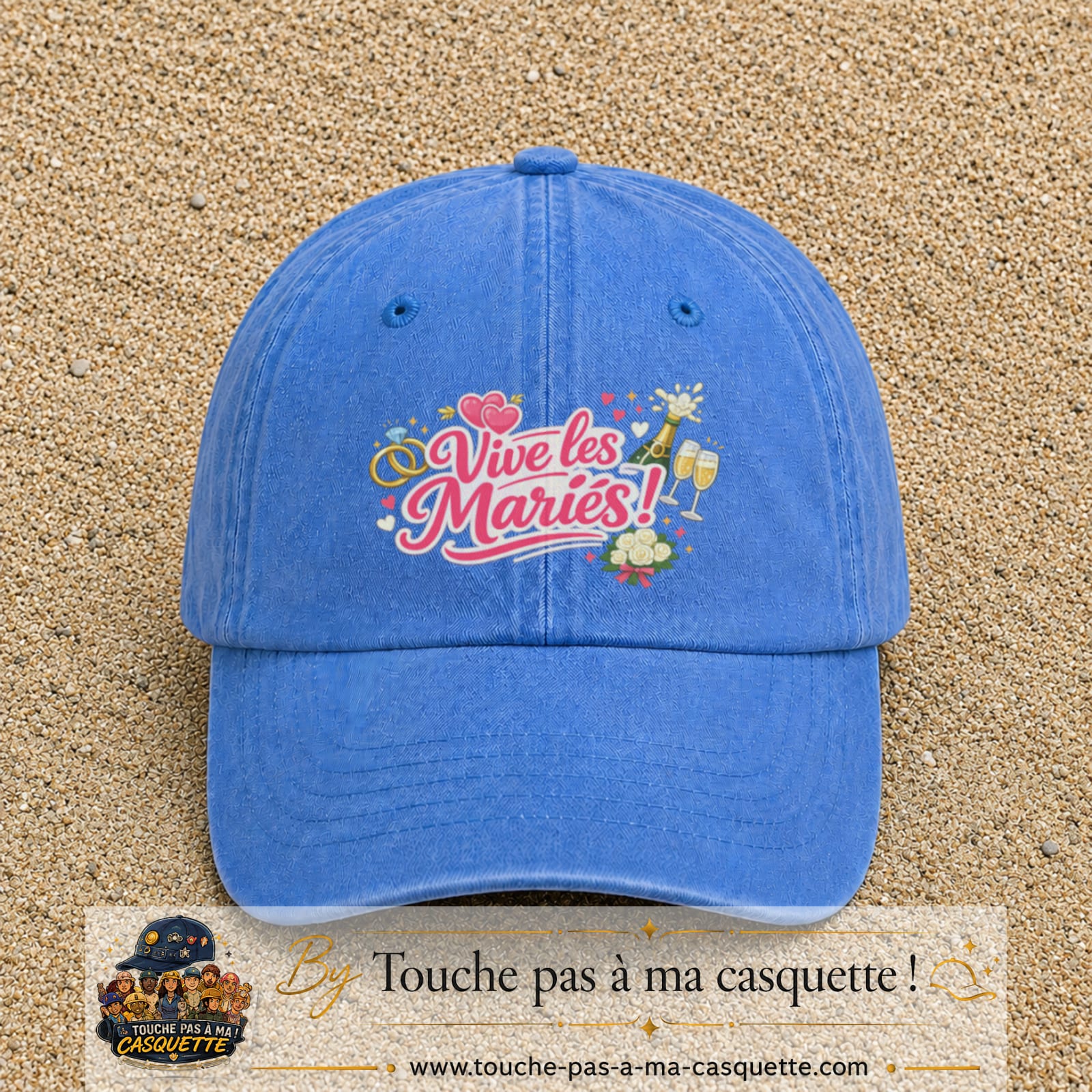Casquette Bleu ciel délavé avec motif Vive les Mariés en 7 cm – vue principale