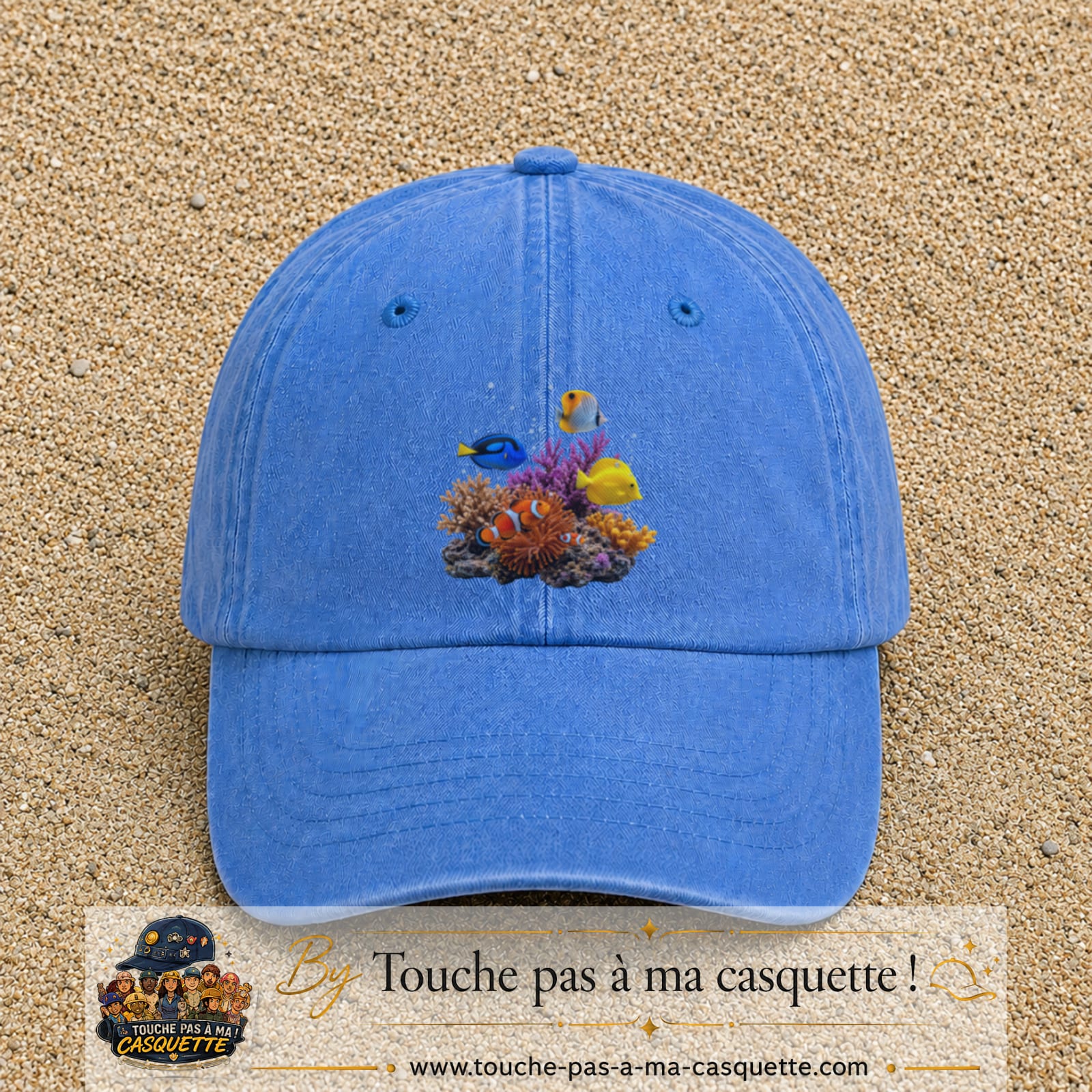 Image principale casquette Bleu ciel délavé avec motif Récif aux poissons 7 cm