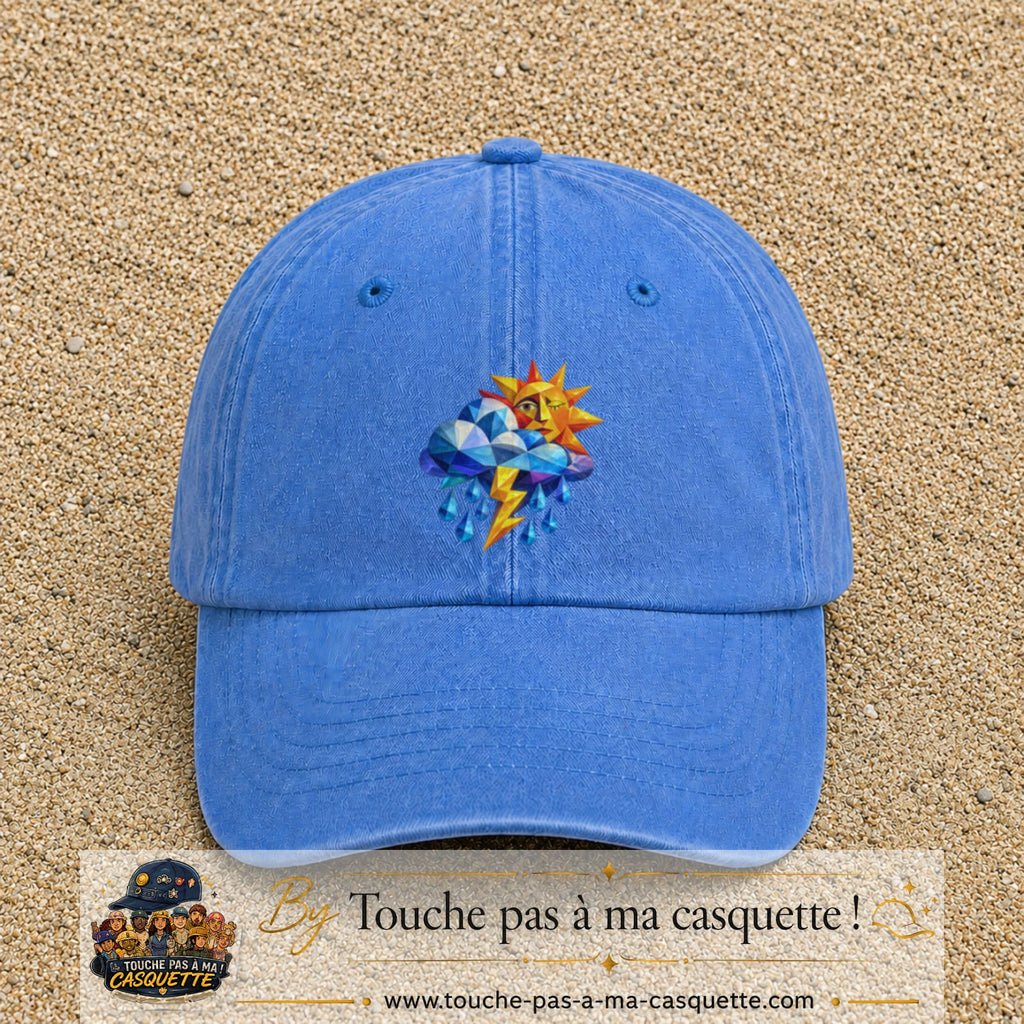 Image principale casquette Bleu ciel délavé avec motif Météo soleil orage 7 cm