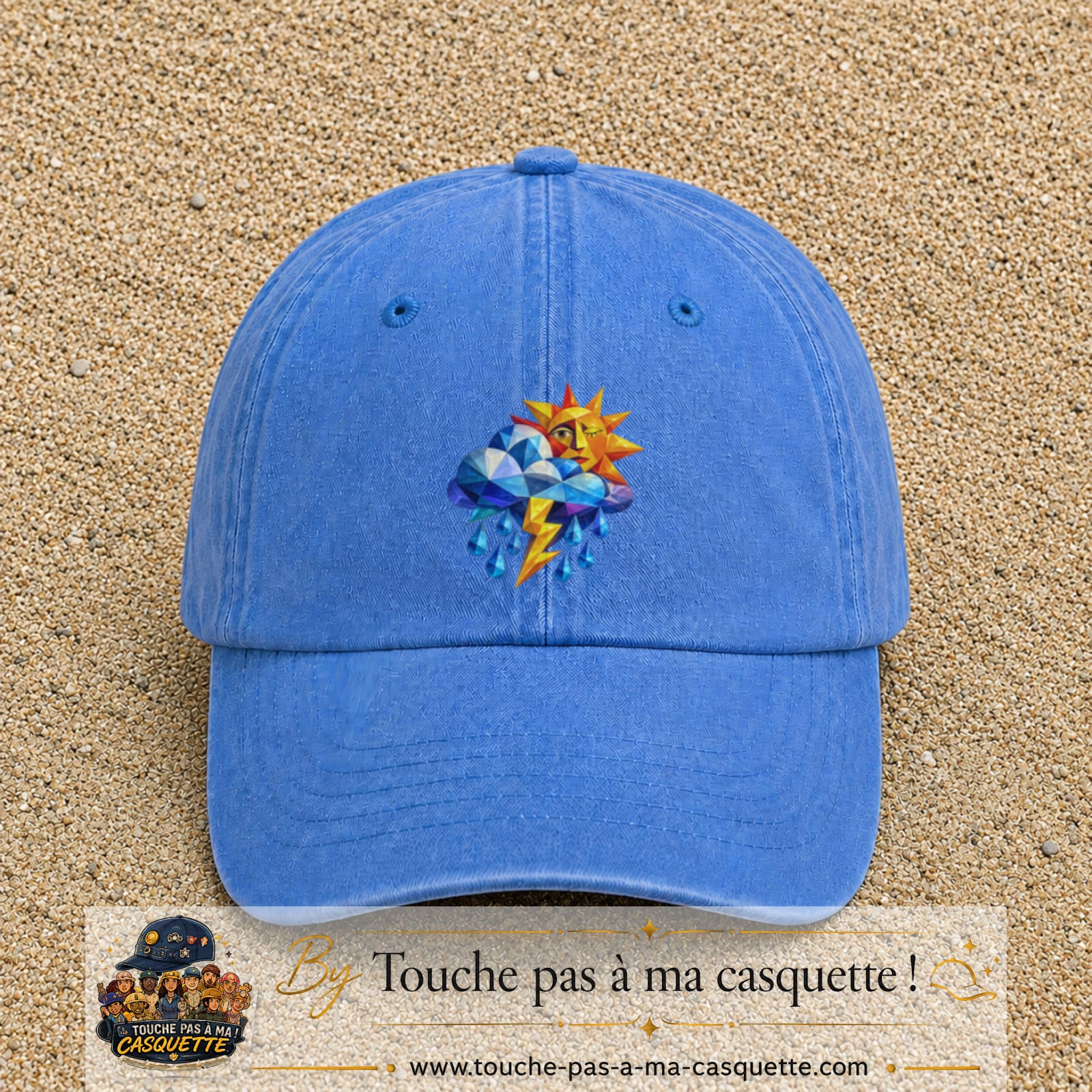 Image principale casquette Bleu ciel délavé avec motif Météo soleil orage 7 cm