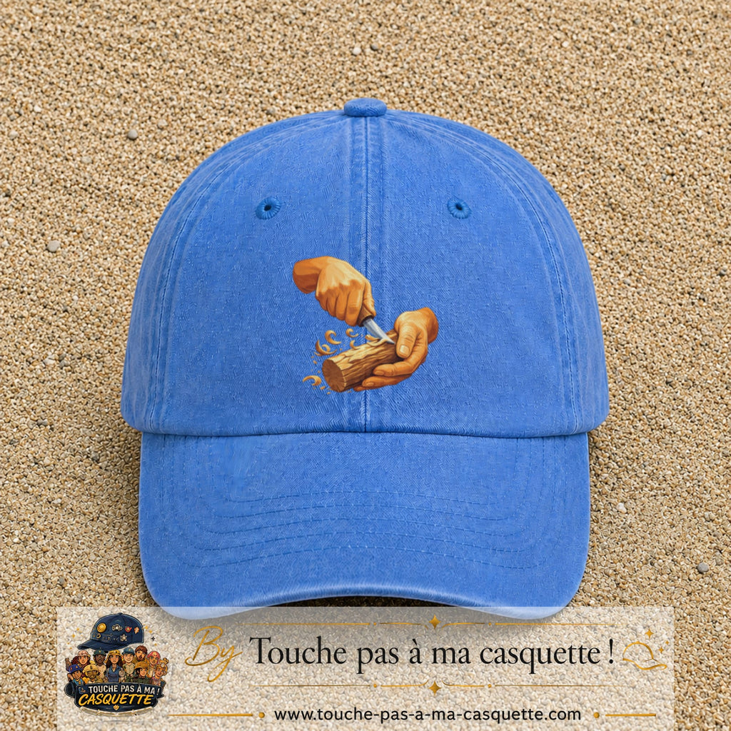 Casquette Bleu ciel délavé motif Travail du bois logo 7 cm