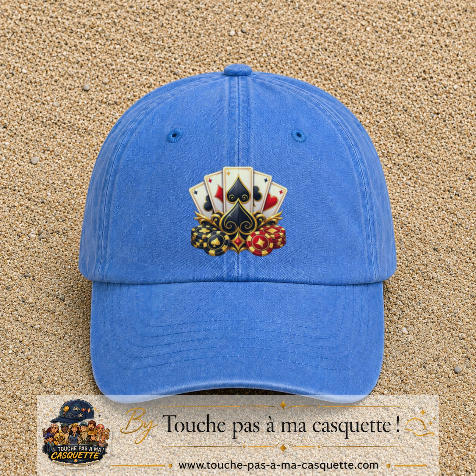 Casquette Bleu ciel délavé motif Poker cartes et jetons logo 7 cm