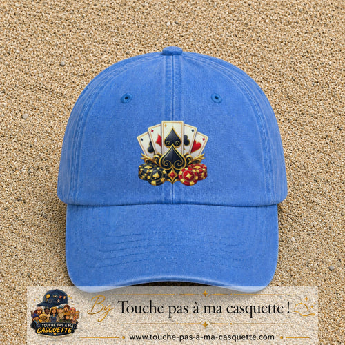 Casquette Bleu ciel délavé motif Poker cartes et jetons logo 7 cm