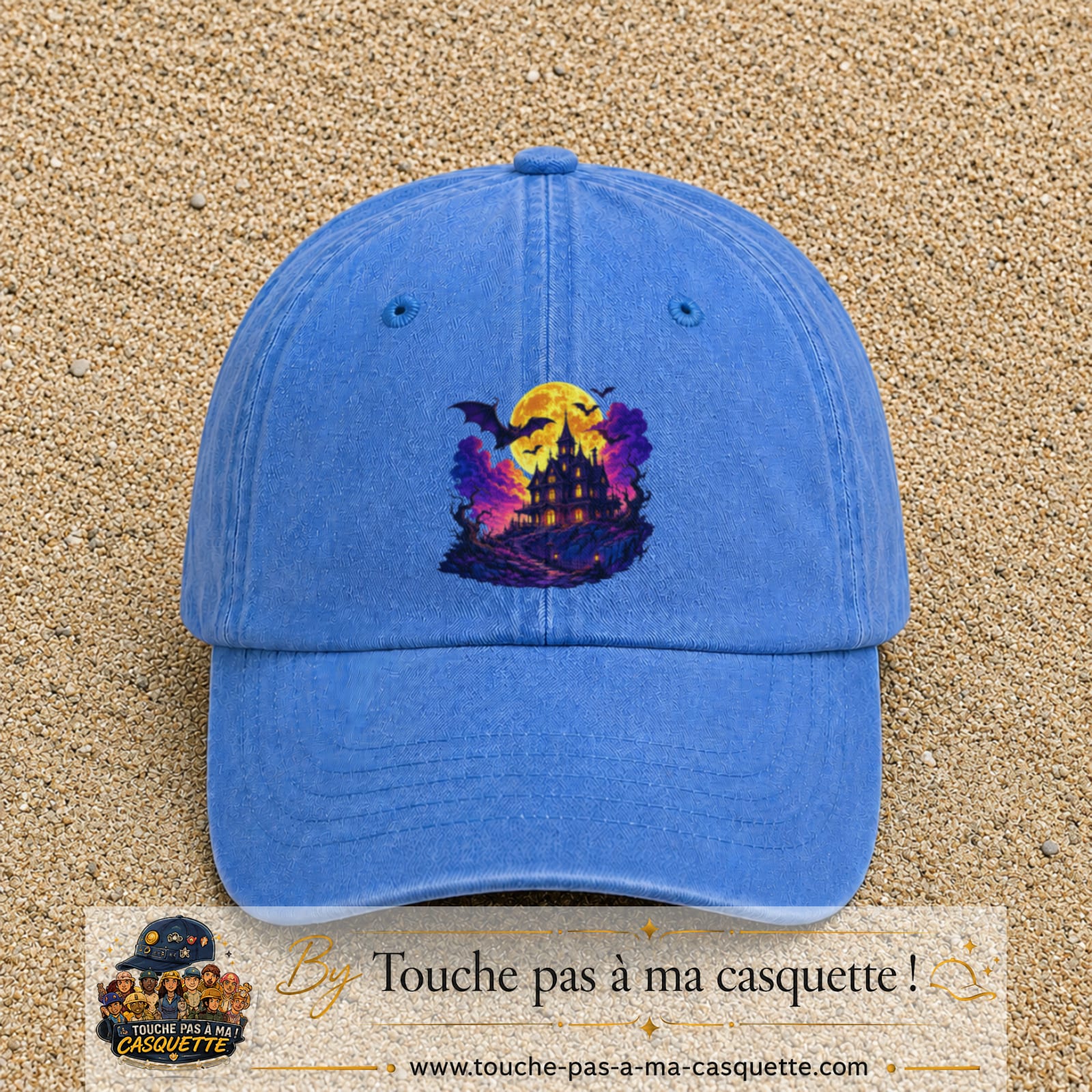 Casquette Bleu ciel délavé motif Manoir hanté logo 7 cm