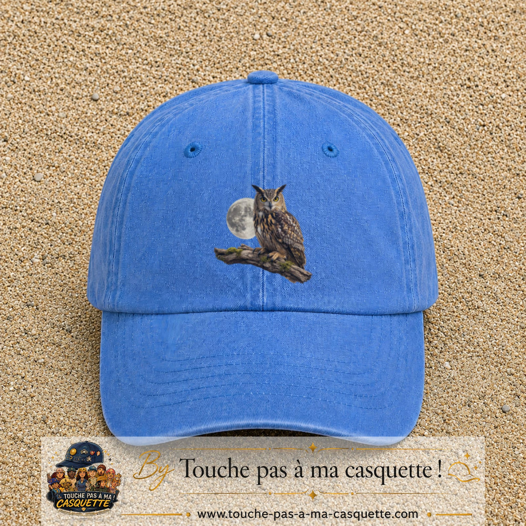 Image principale casquette Bleu ciel délavé avec motif Hibou sous la lune 7 cm