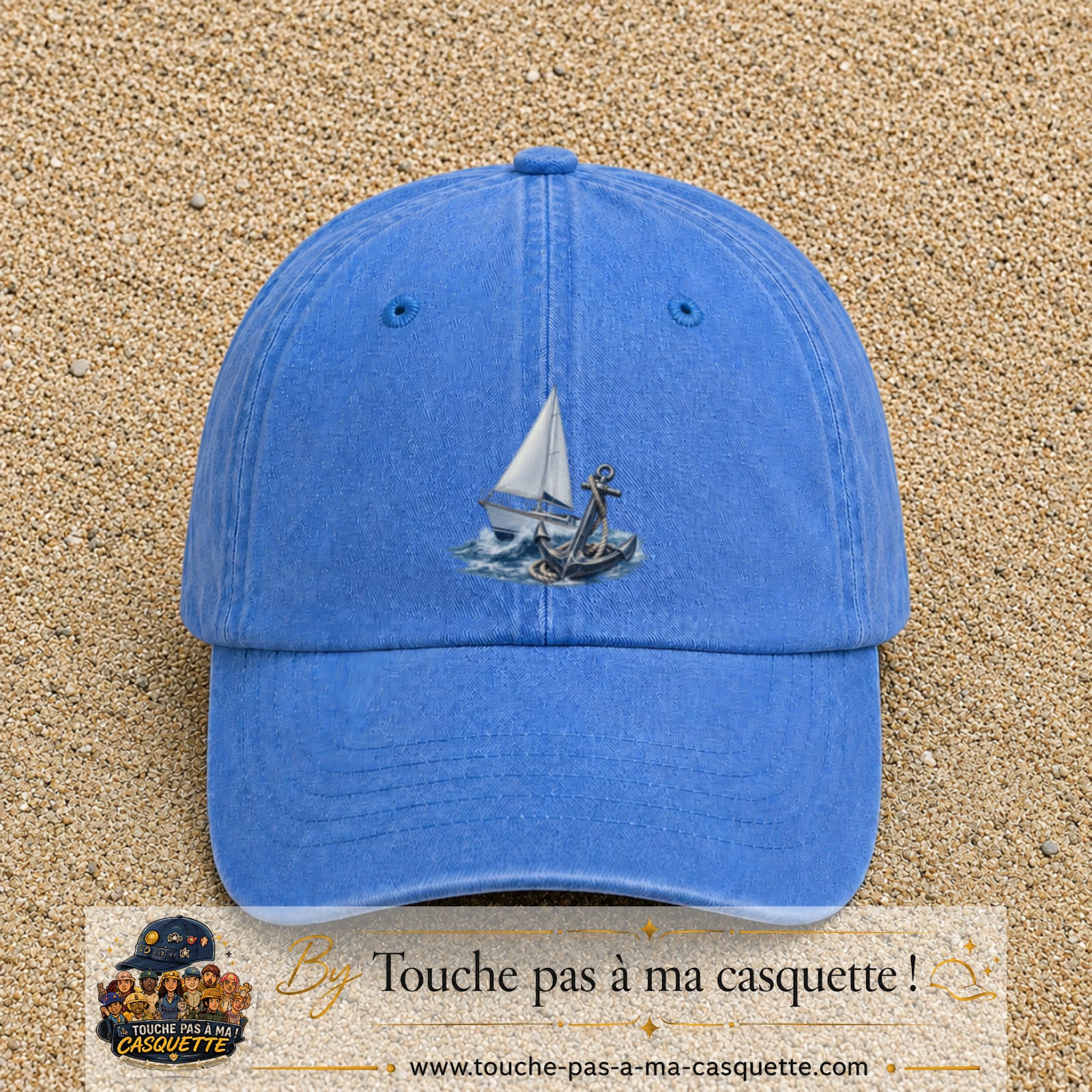 Image principale casquette Bleu ciel délavé avec motif Voilier et ancre 7 cm