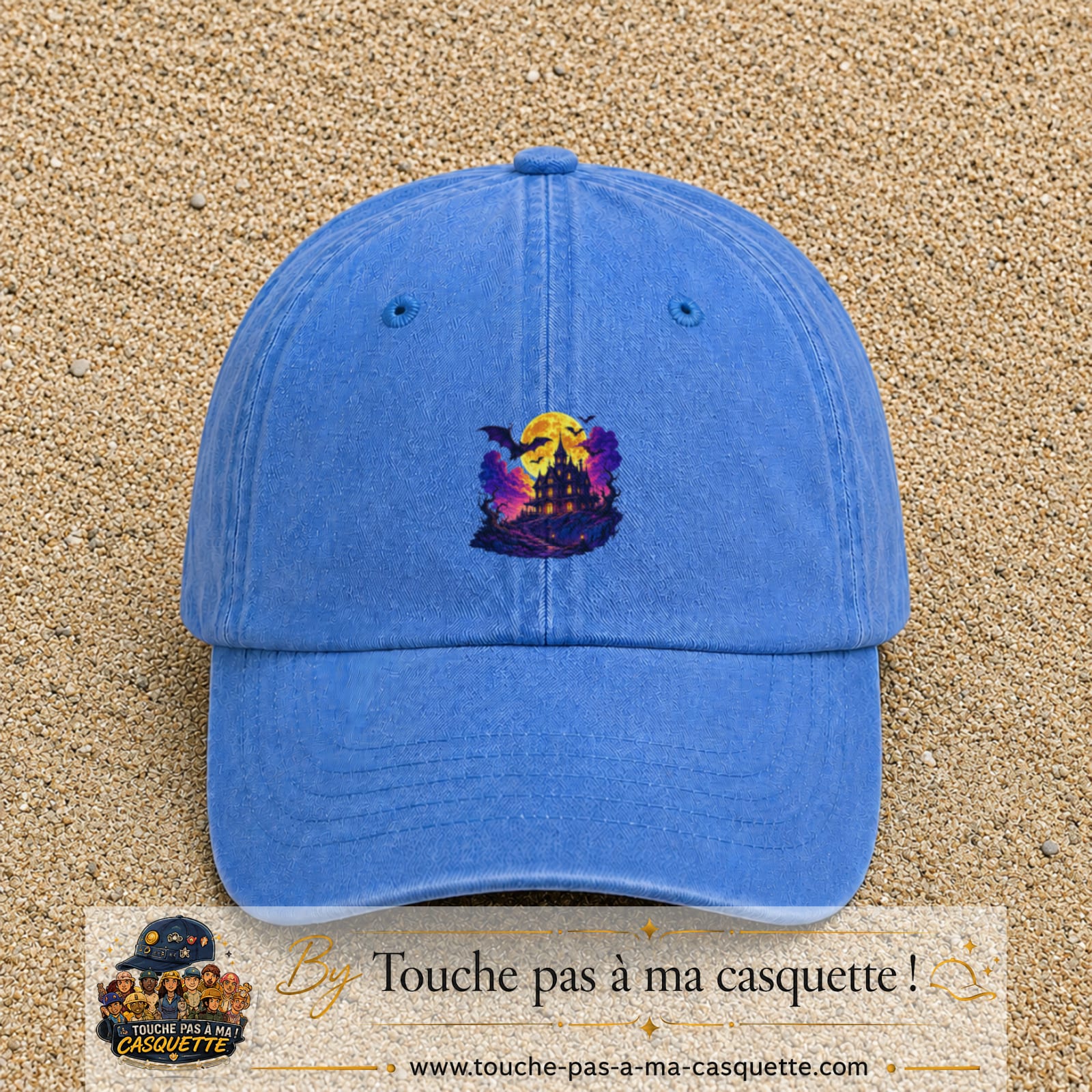 Casquette Bleu ciel délavé motif Manoir hanté logo 5 cm