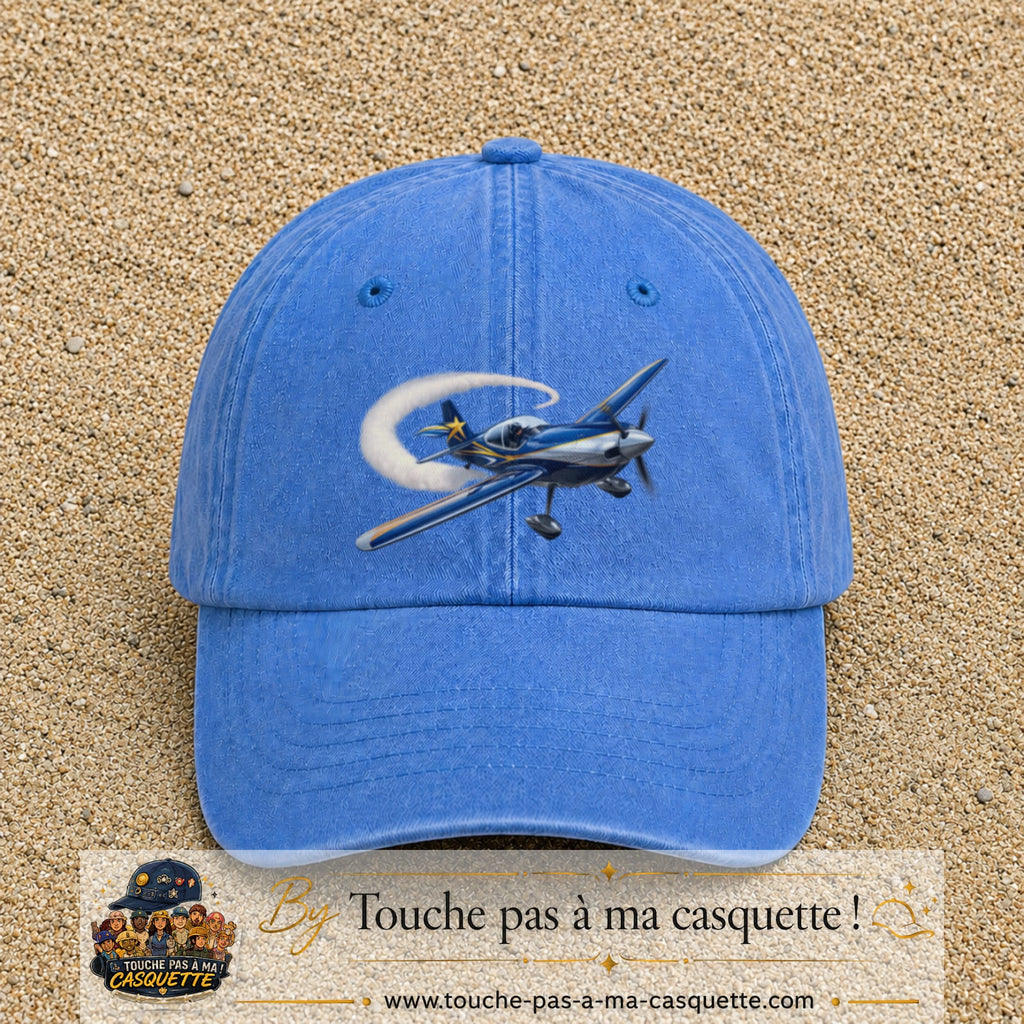 Image principale casquette Bleu ciel délavé avec motif Avion de voltige 7 cm