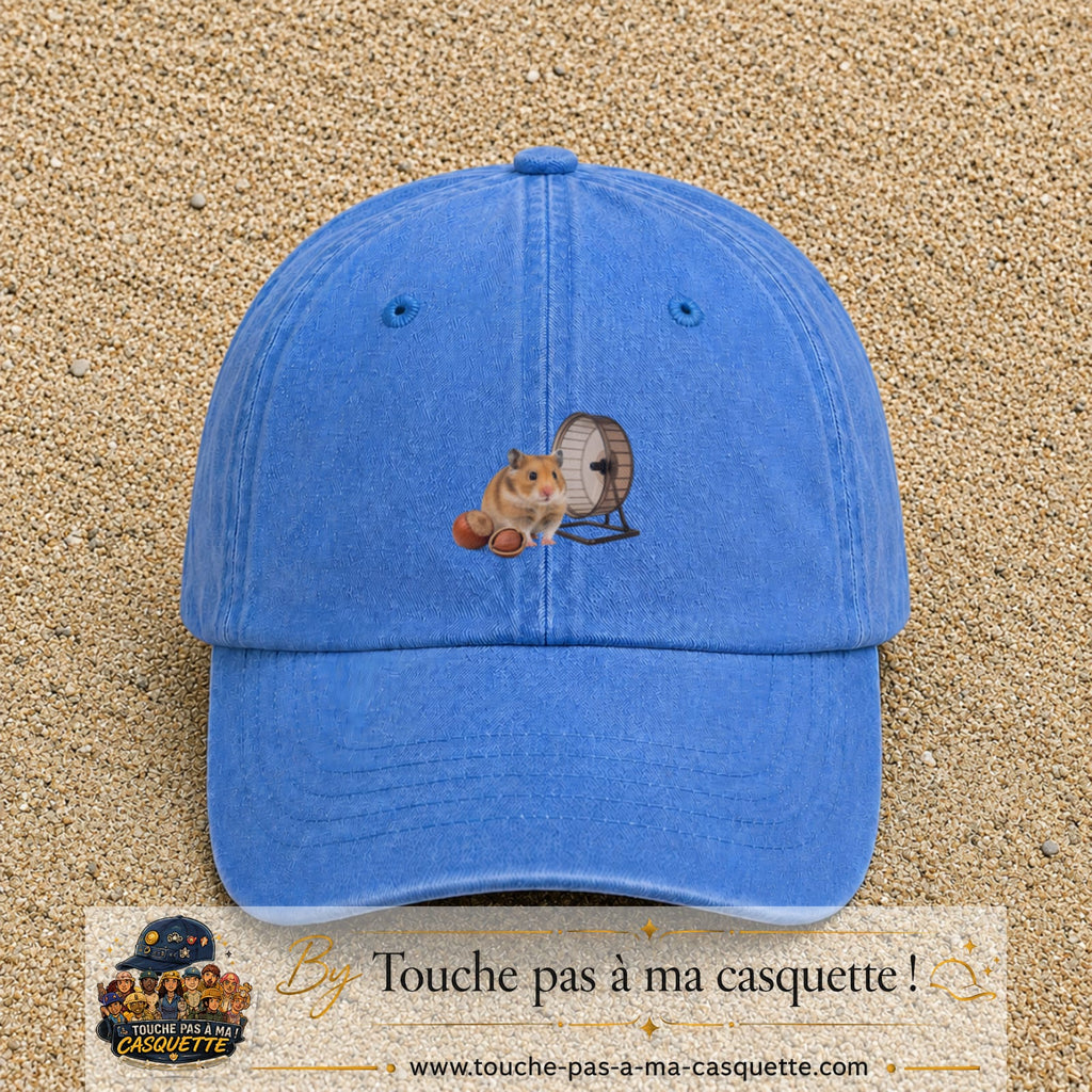 Casquette Bleu ciel délavé motif Hamster avec roue logo 5 cm