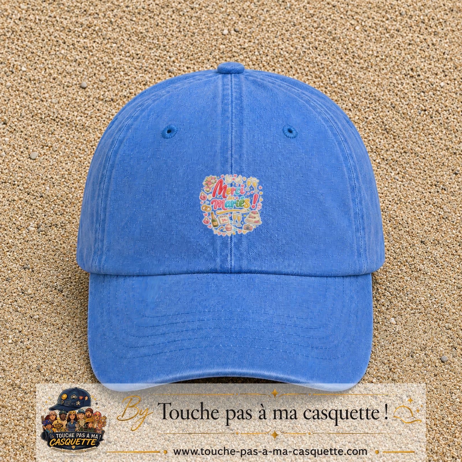 Casquette Bleu ciel délavé avec motif Merci les Mariés en 5 cm – vue principale