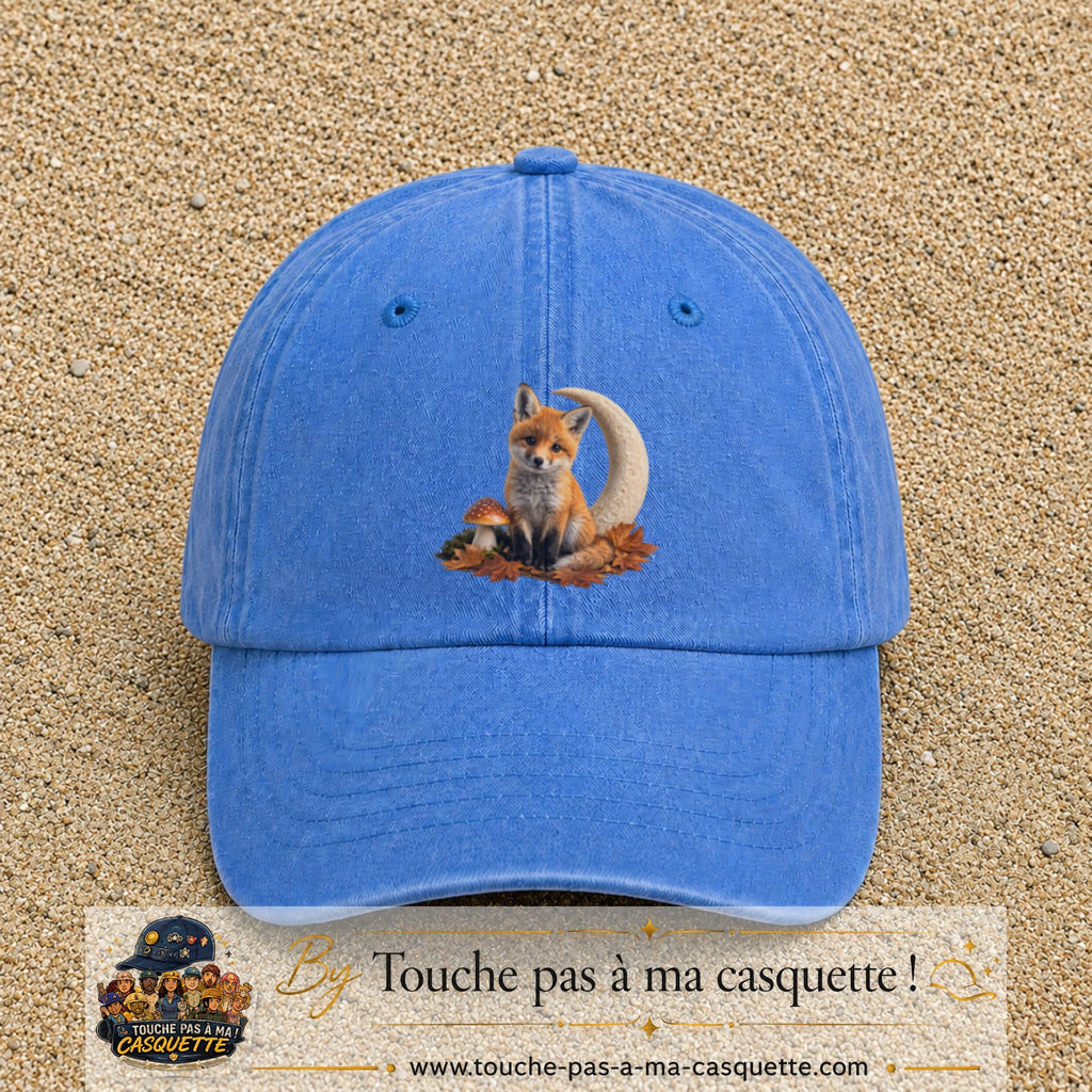 Image principale casquette Bleu ciel délavé avec motif Renard de lune 7 cm