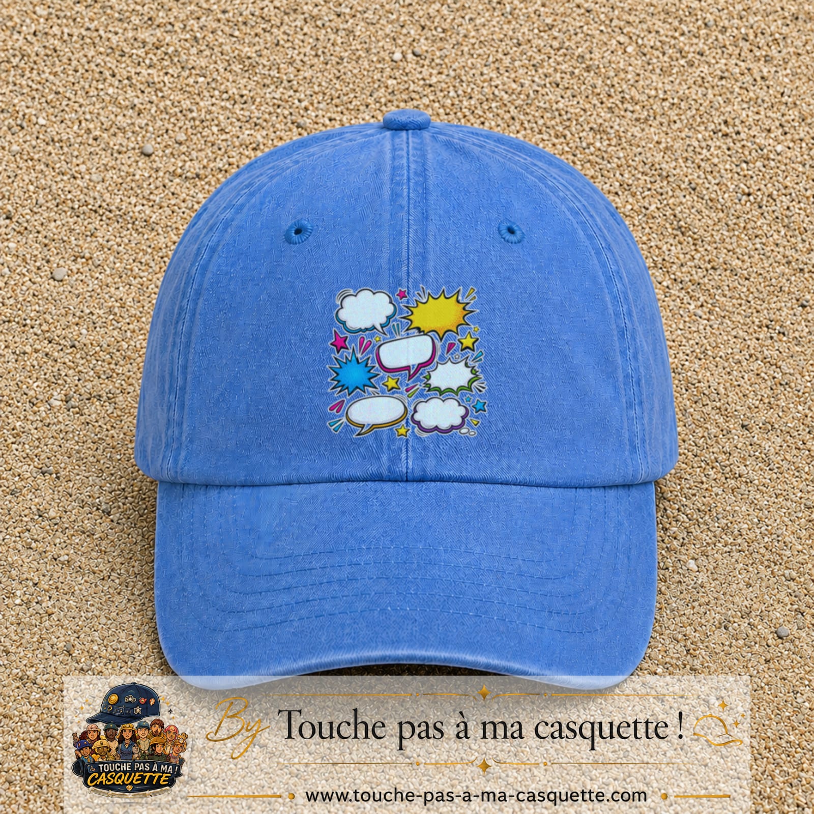 Casquette Bleu ciel délavé motif Bulles de bande dessinée logo 7 cm