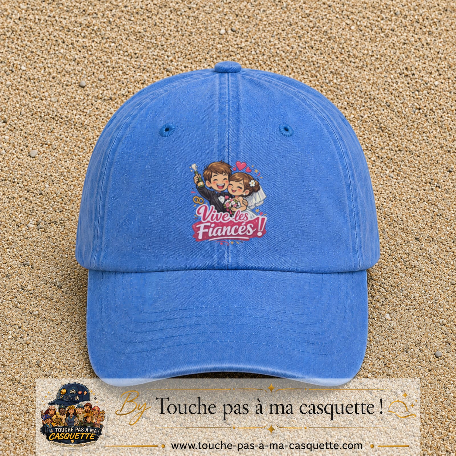 Casquette Bleu ciel délavé avec motif Vive les Fiancés en 7 cm – vue principale