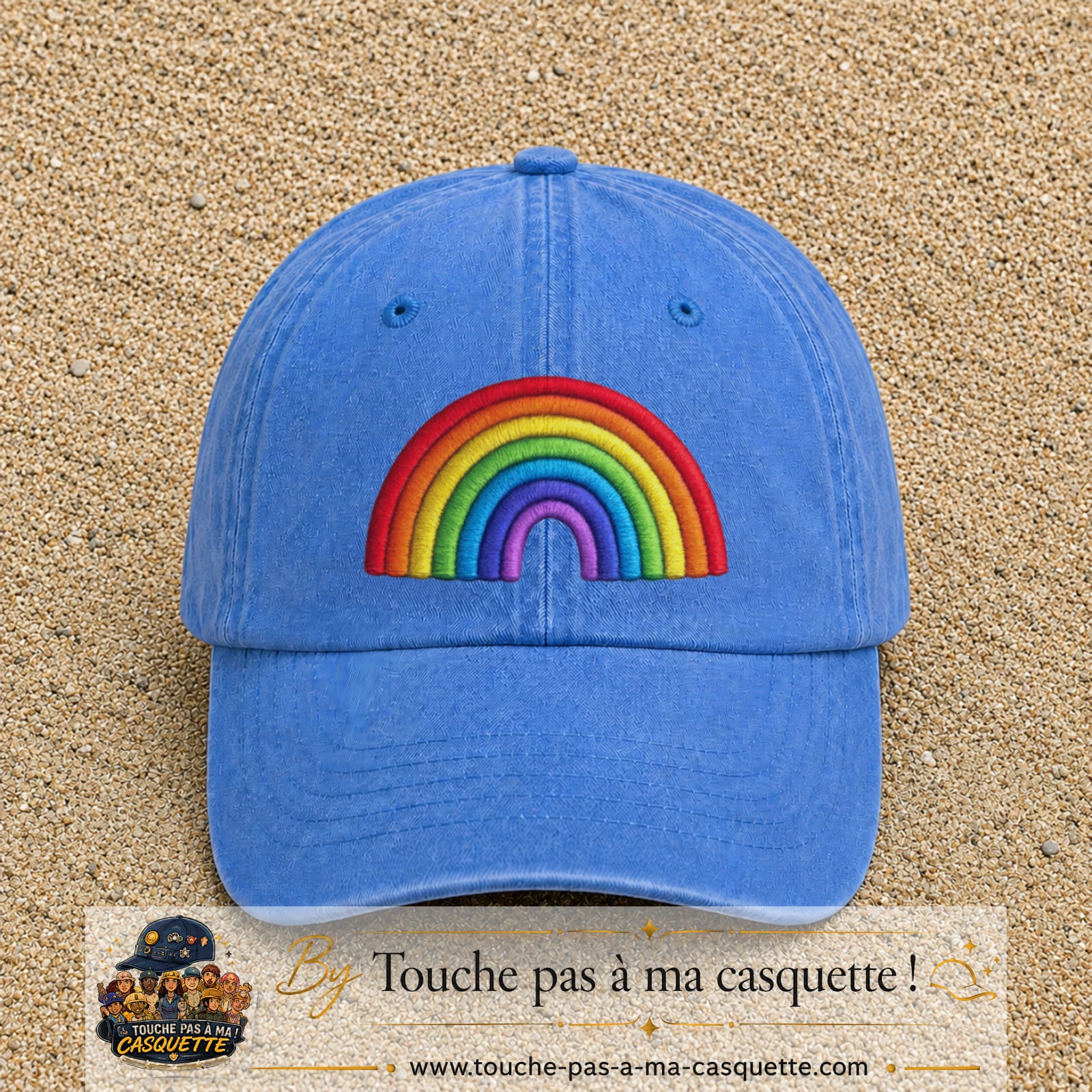 Image principale produit24grosBLC - casquette Bleu ciel délavé avec visuel Arc-en-ciel 7 cm