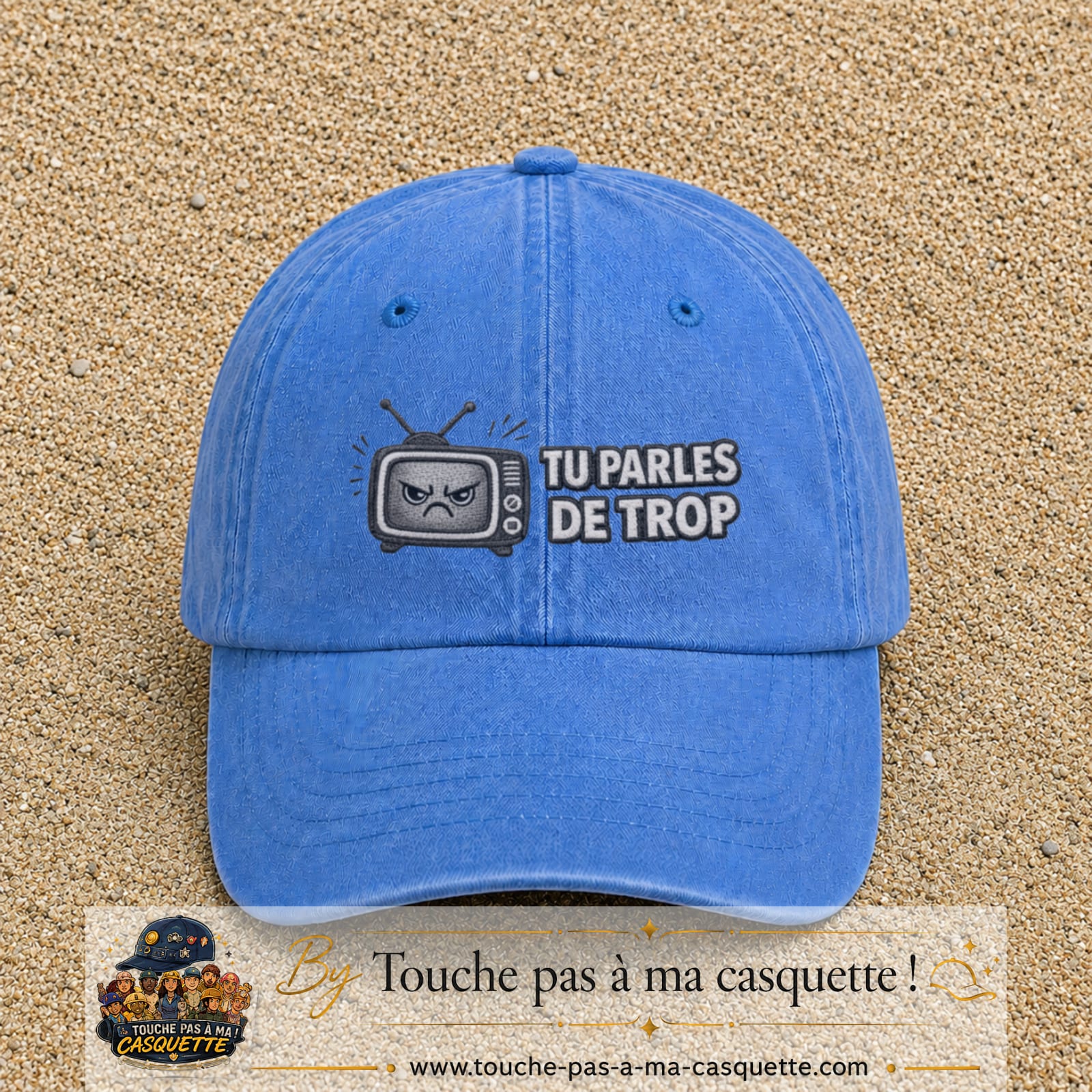 Image principale produit119moyenBLC - casquette Bleu ciel délavé avec visuel Télé tu parles trop 5 cm