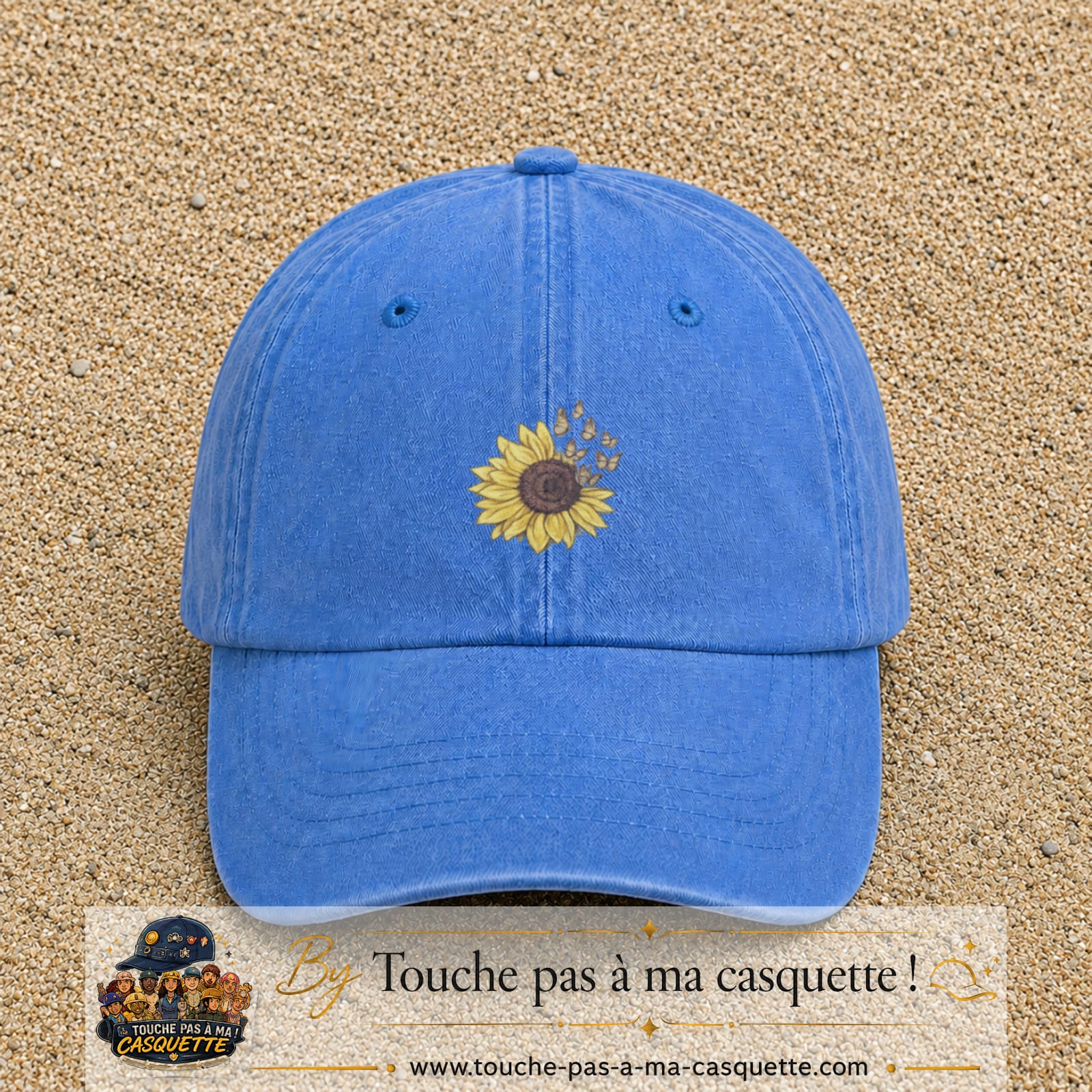 Image principale produit15moyenBLC - casquette Bleu ciel délavé avec visuel Tournesol mandala 5 cm