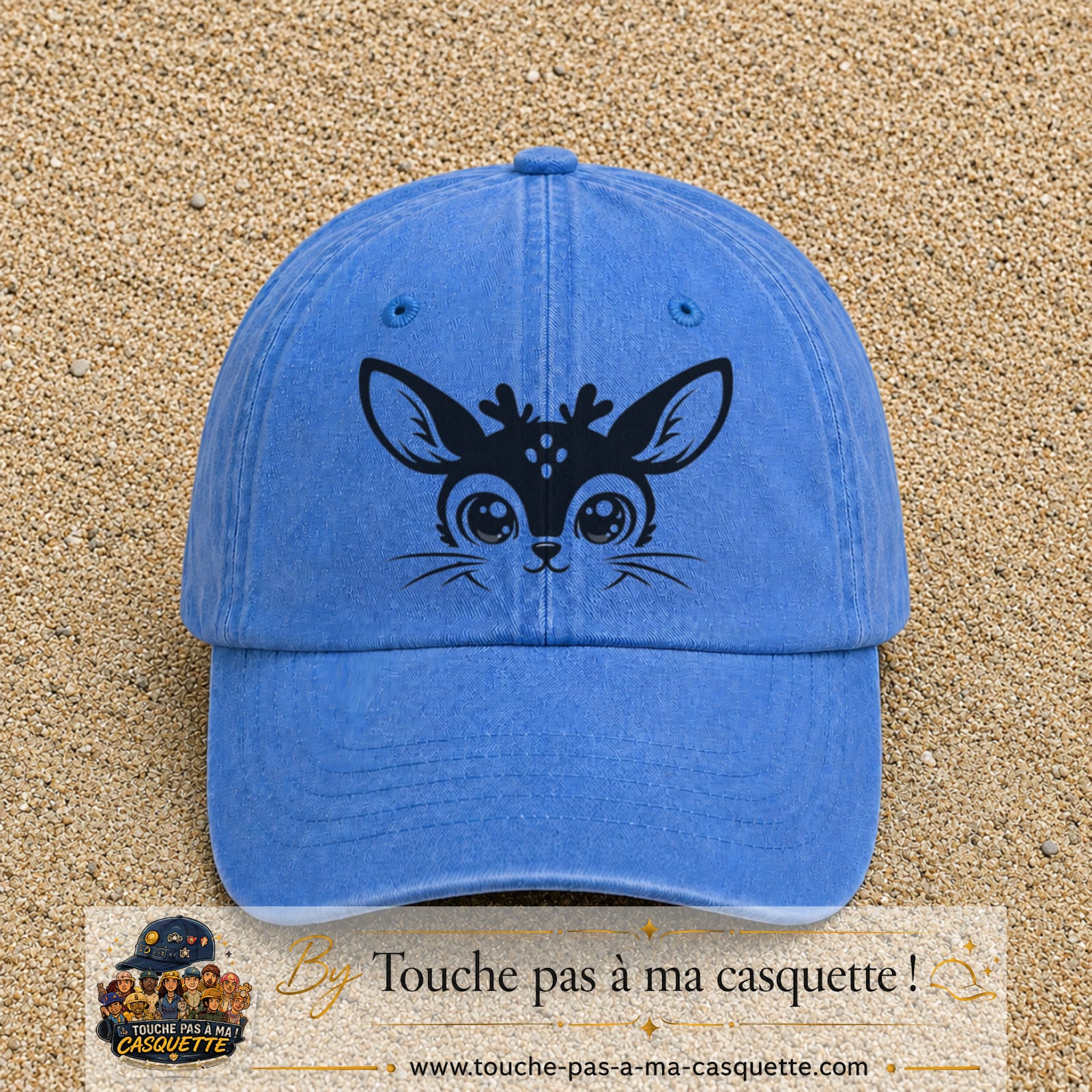 Image principale produit3grosBLC - casquette Bleu ciel délavé avec visuel Biche mignonne 7 cm