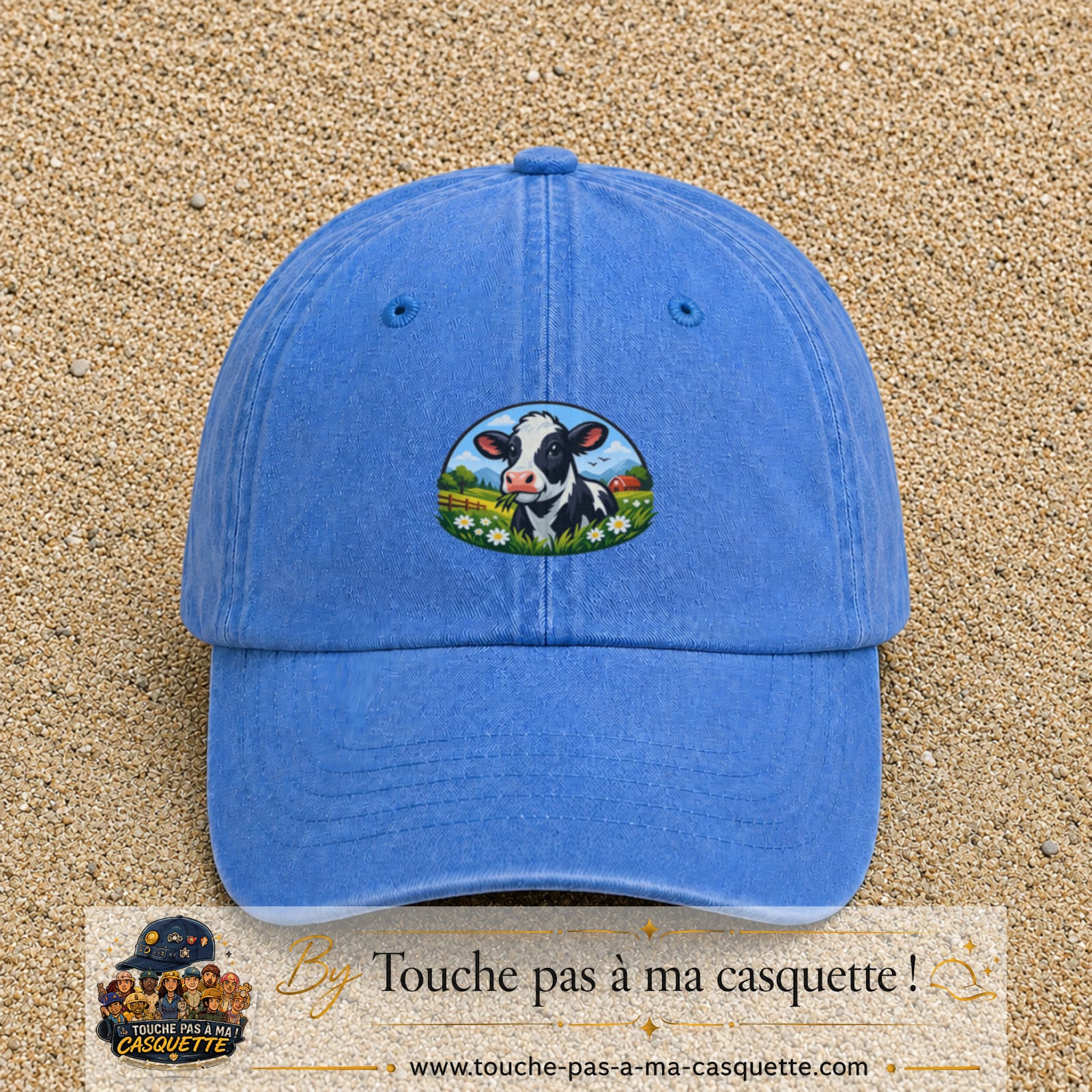 Image principale produit72moyenBLC - casquette Bleu ciel délavé avec visuel Vache paysage 5 cm