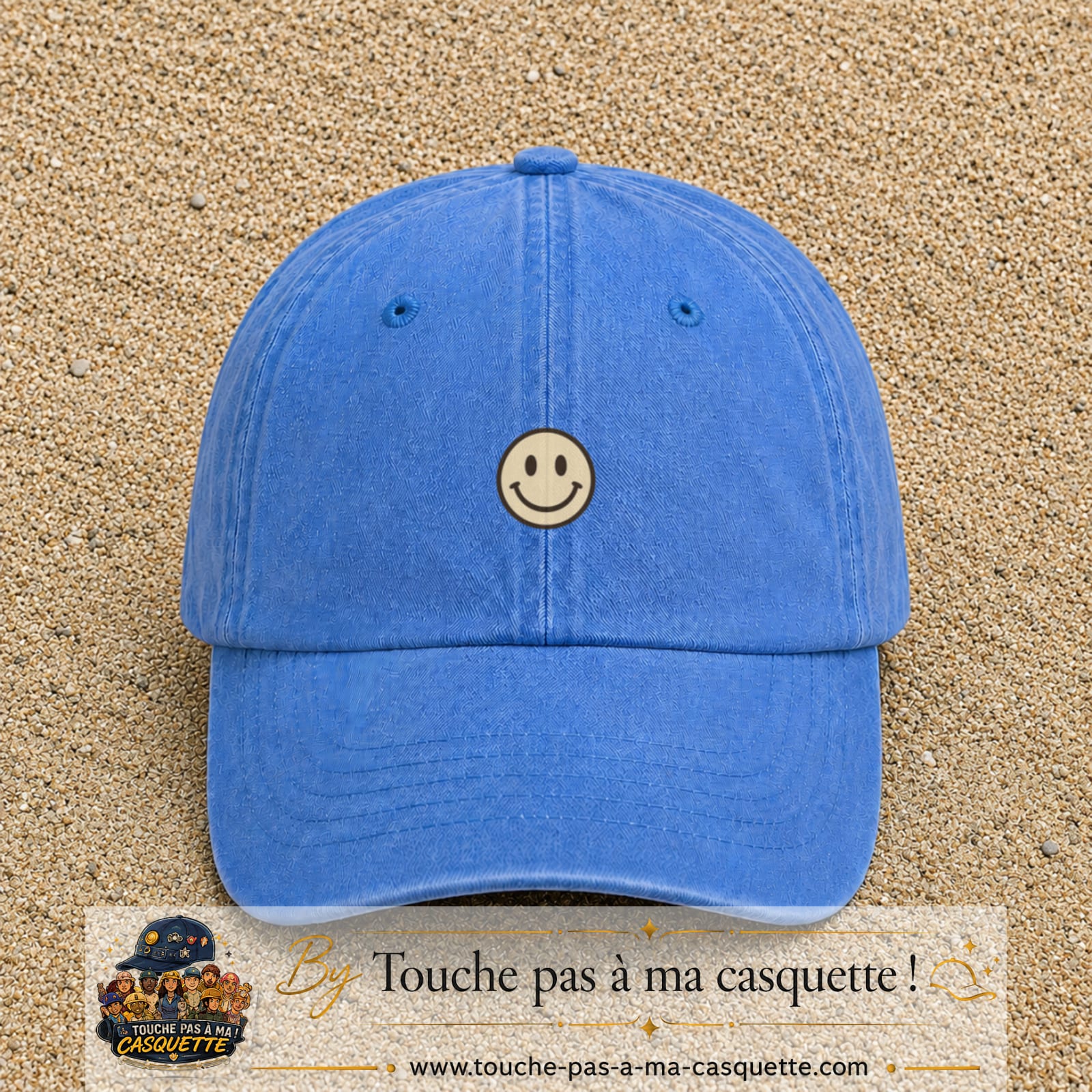 Image principale produit178petitBLC - casquette Bleu ciel délavé avec visuel Smiley 3 cm