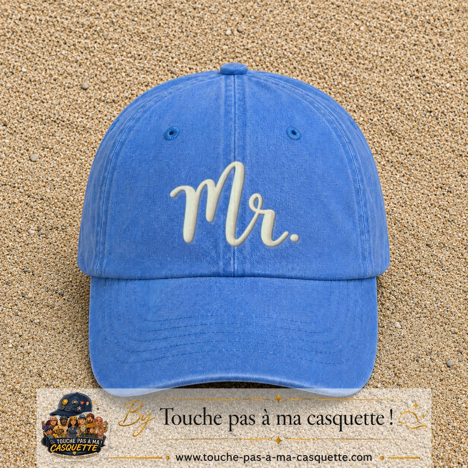 Image principale produit111grosBLC - casquette Bleu ciel délavé avec visuel Mr blanc 7 cm