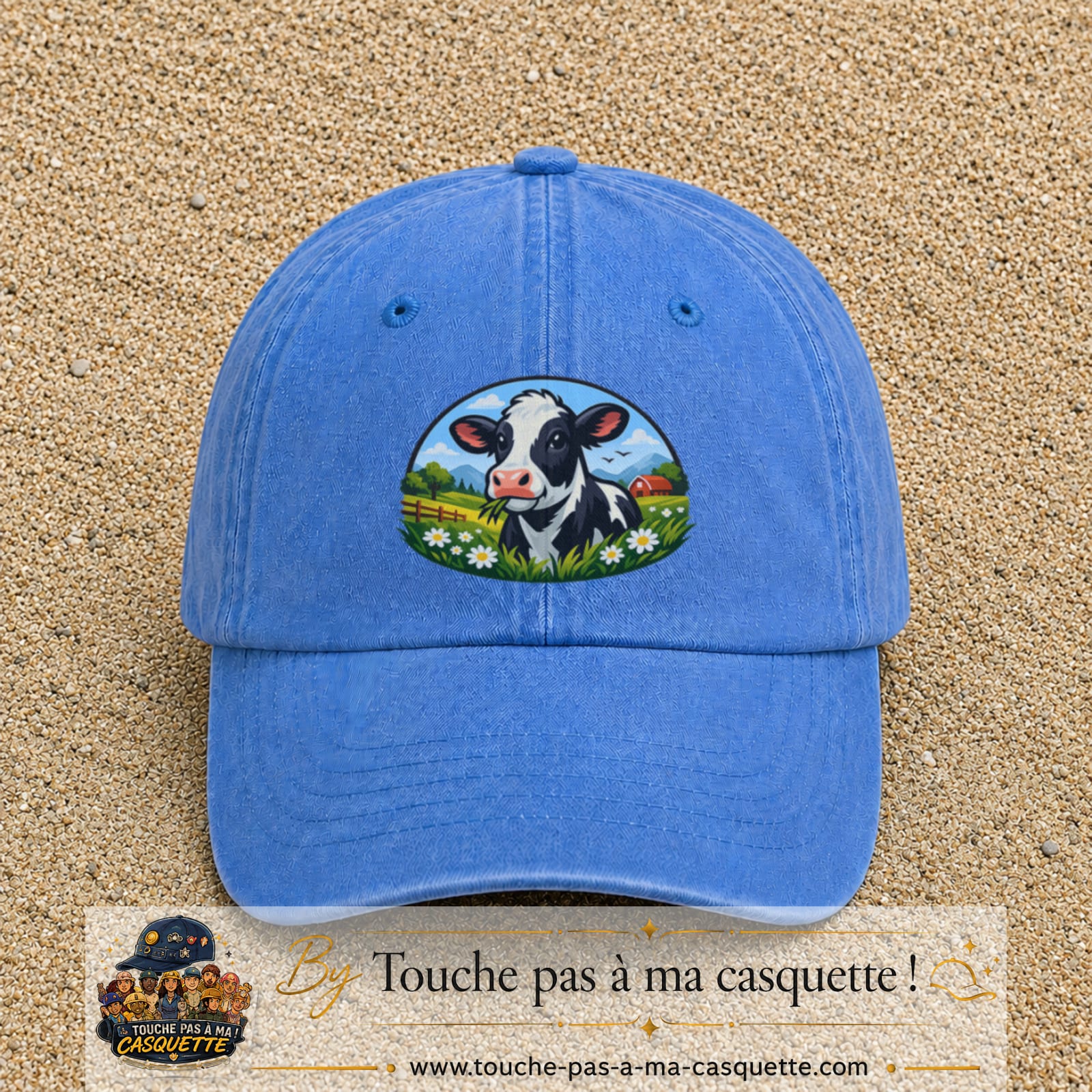 Image principale produit72grosBLC - casquette Bleu ciel délavé avec visuel Vache paysage 7 cm