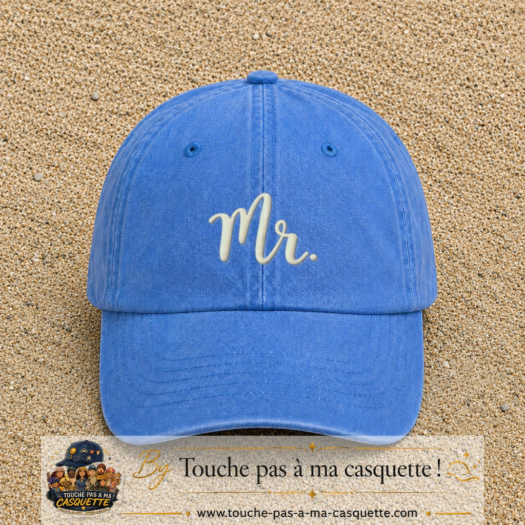 Image principale produit111moyenBLC - casquette Bleu ciel délavé avec visuel Mr blanc 5 cm