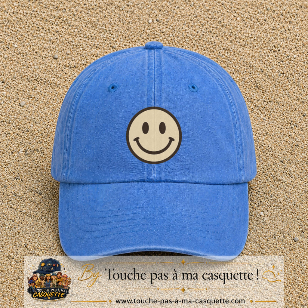 Image principale produit178grosBLC - casquette Bleu ciel délavé avec visuel Smiley 7 cm