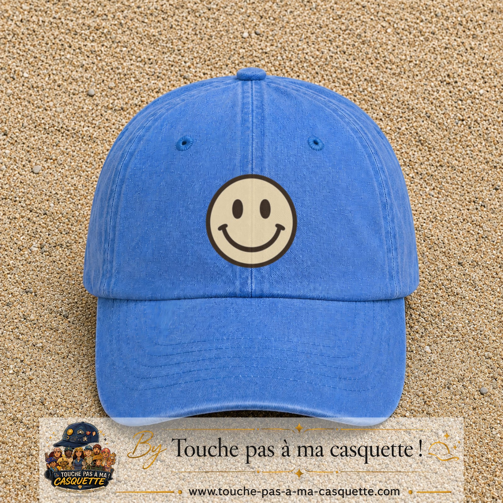 Image principale produit178grosBLC - casquette Bleu ciel délavé avec visuel Smiley 7 cm