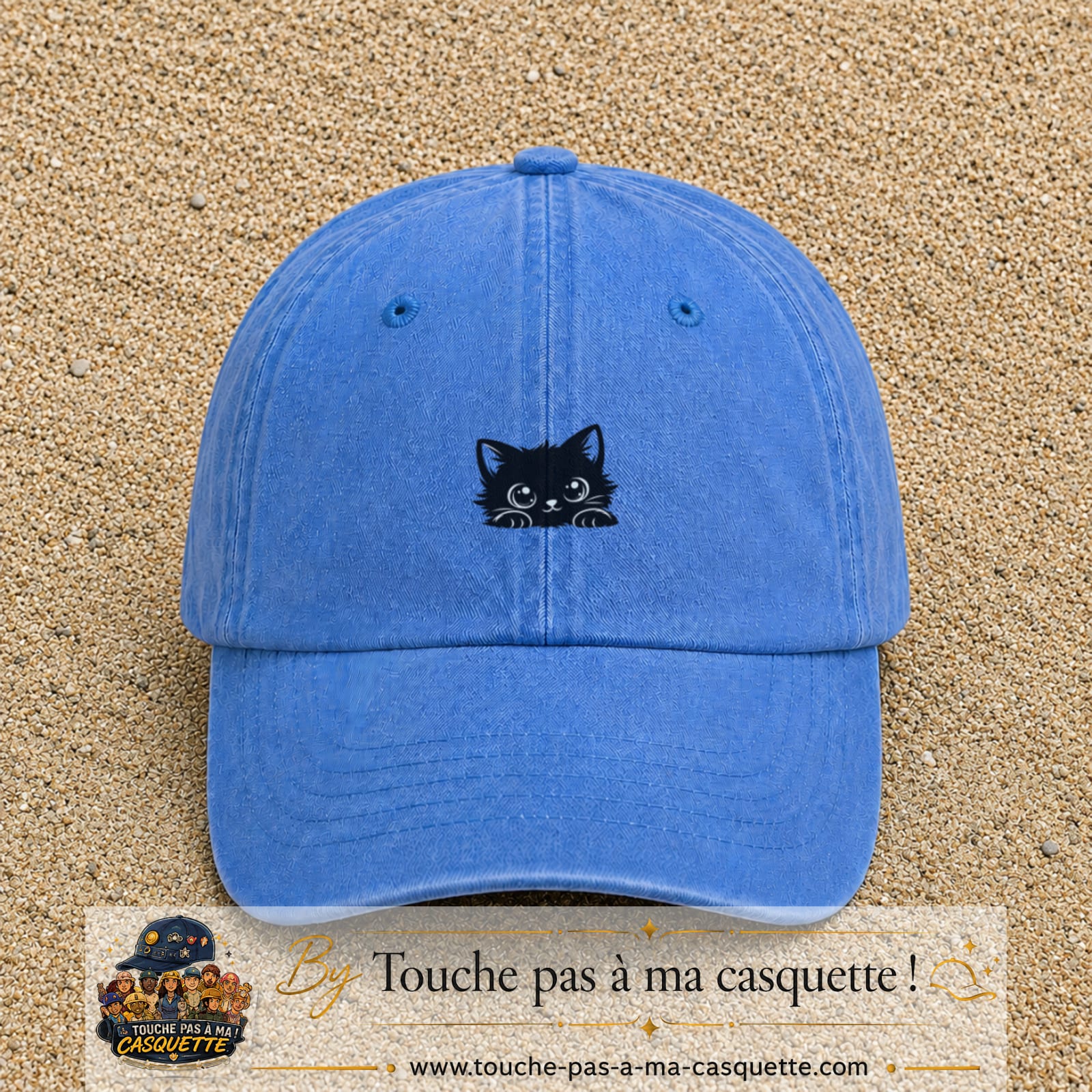 Image principale produit6petitBLC - casquette Bleu ciel délavé avec visuel Chat noir adorable 3 cm