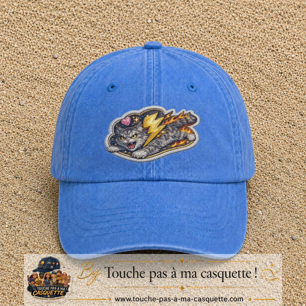 Image principale produit78grosBLC - casquette Bleu ciel délavé avec visuel Chat éclair 7 cm
