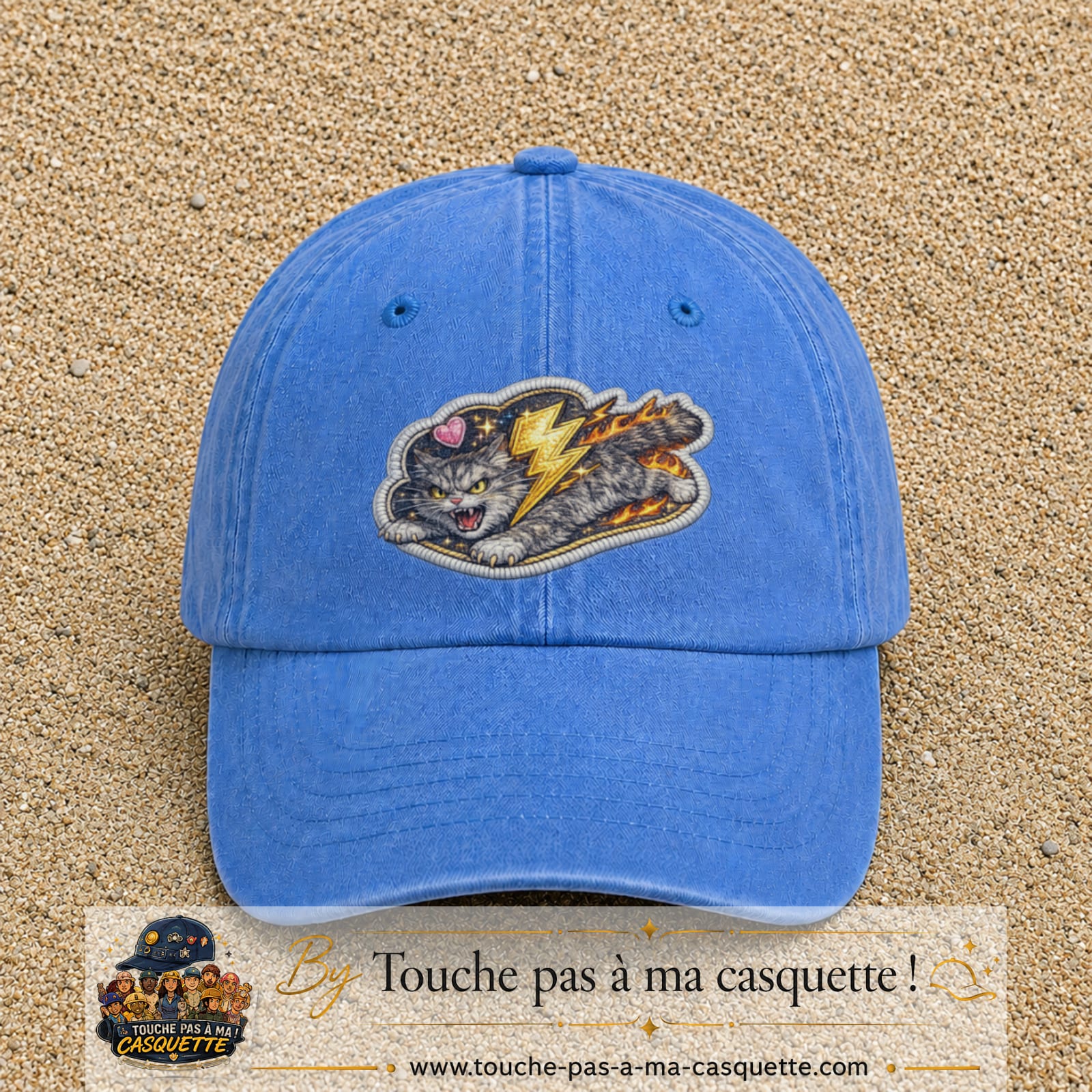 Image principale produit78grosBLC - casquette Bleu ciel délavé avec visuel Chat éclair 7 cm