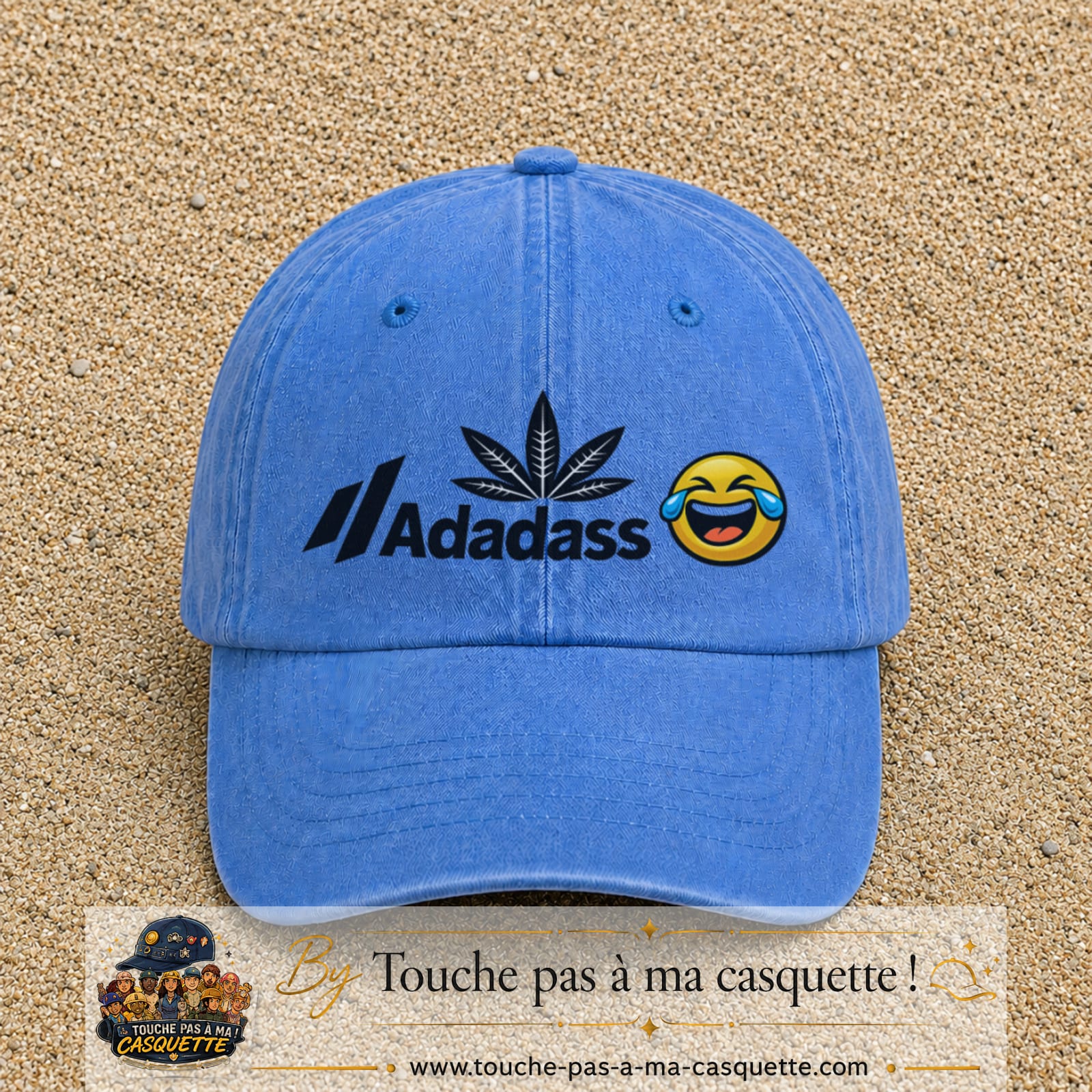 Image principale produit37grosBLC - casquette Bleu ciel délavé avec visuel Adadass emoji rieur 7 cm