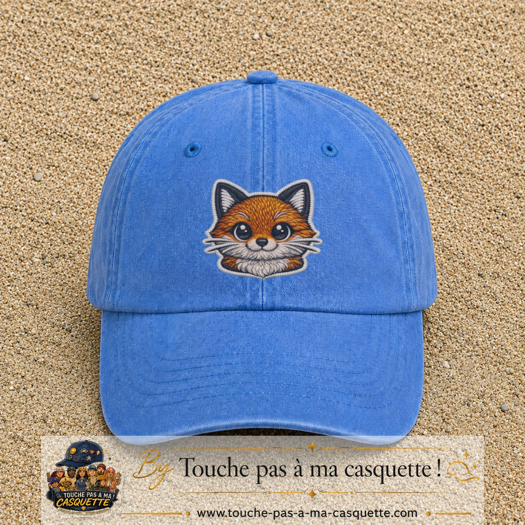Image principale produit52grosBLC - casquette Bleu ciel délavé avec visuel Renard tête 7 cm