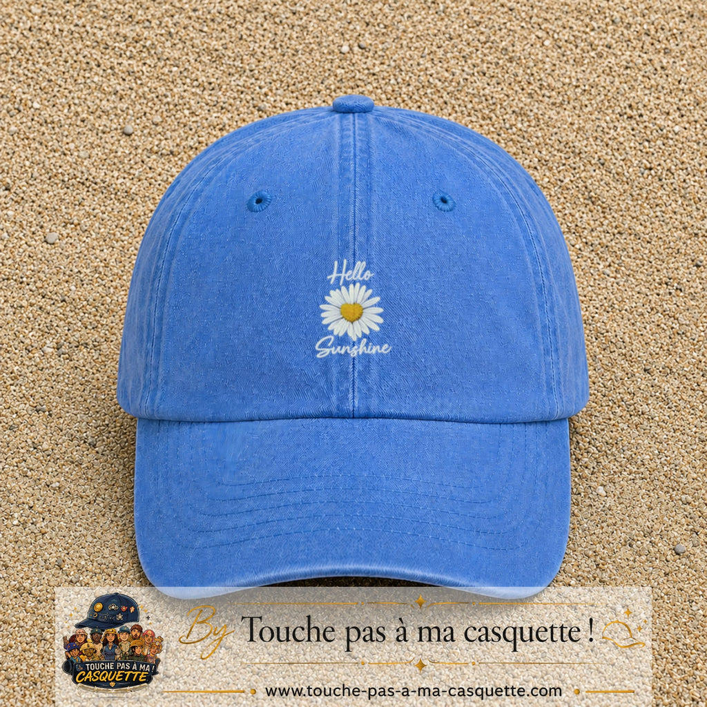 Image principale produit29moyenBLC - casquette Bleu ciel délavé avec visuel Hello sunshine marguerite blanc 5 cm