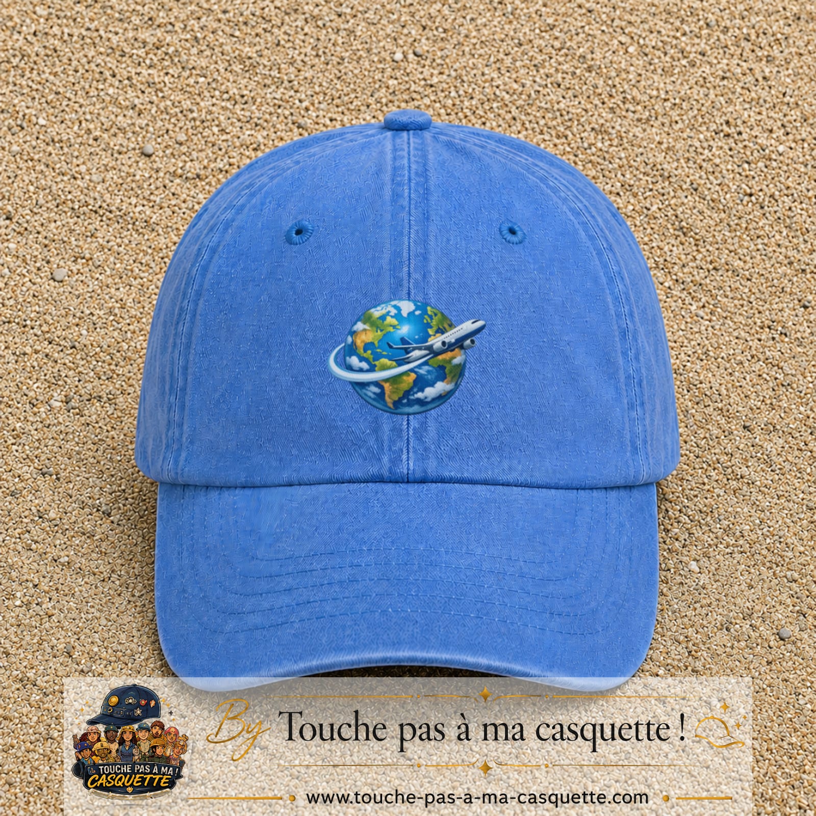 Image principale produit82moyenBLC - casquette Bleu ciel délavé avec visuel Monde avion 5 cm