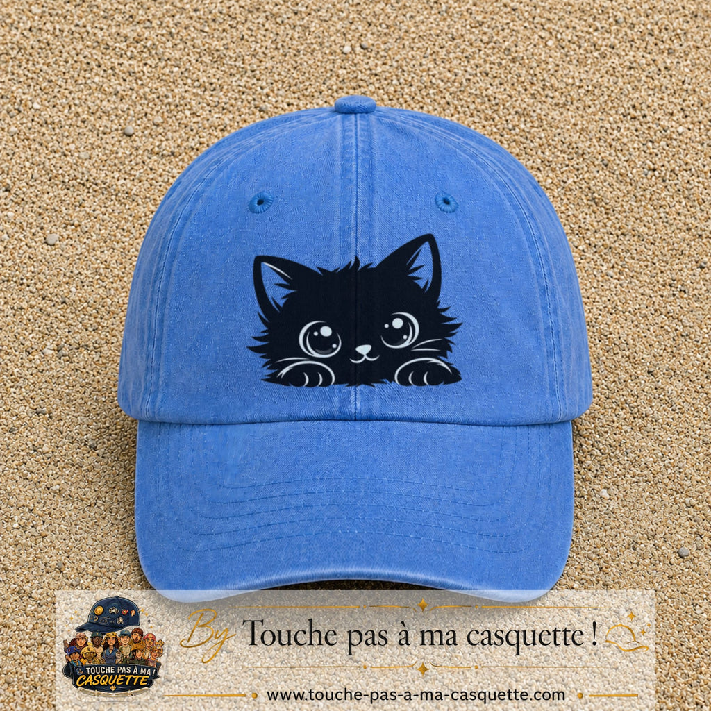 Image principale produit6grosBLC - casquette Bleu ciel délavé avec visuel Chat noir adorable 7 cm