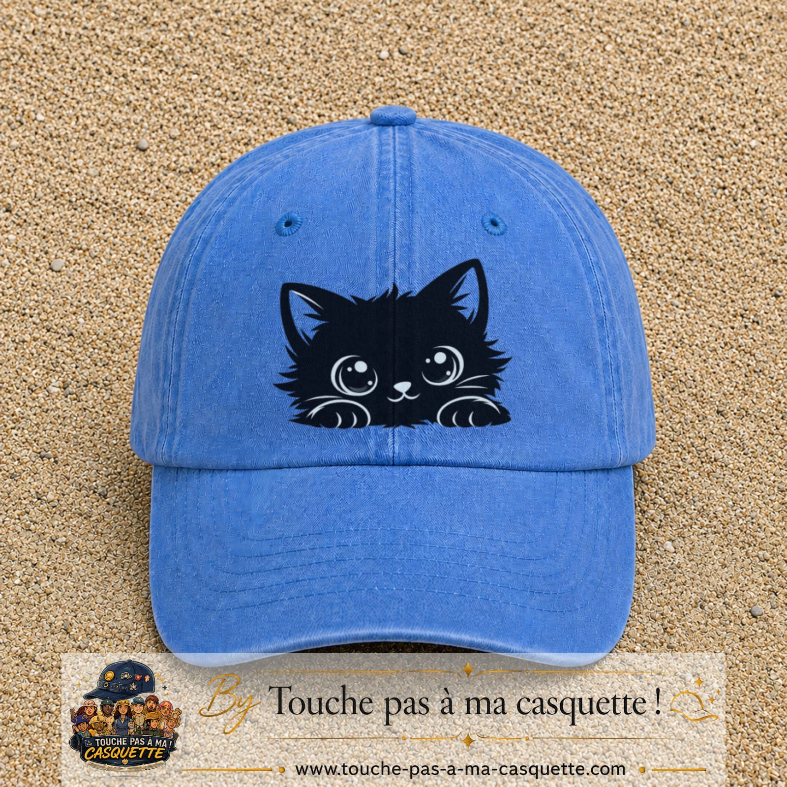 Image principale produit6grosBLC - casquette Bleu ciel délavé avec visuel Chat noir adorable 7 cm