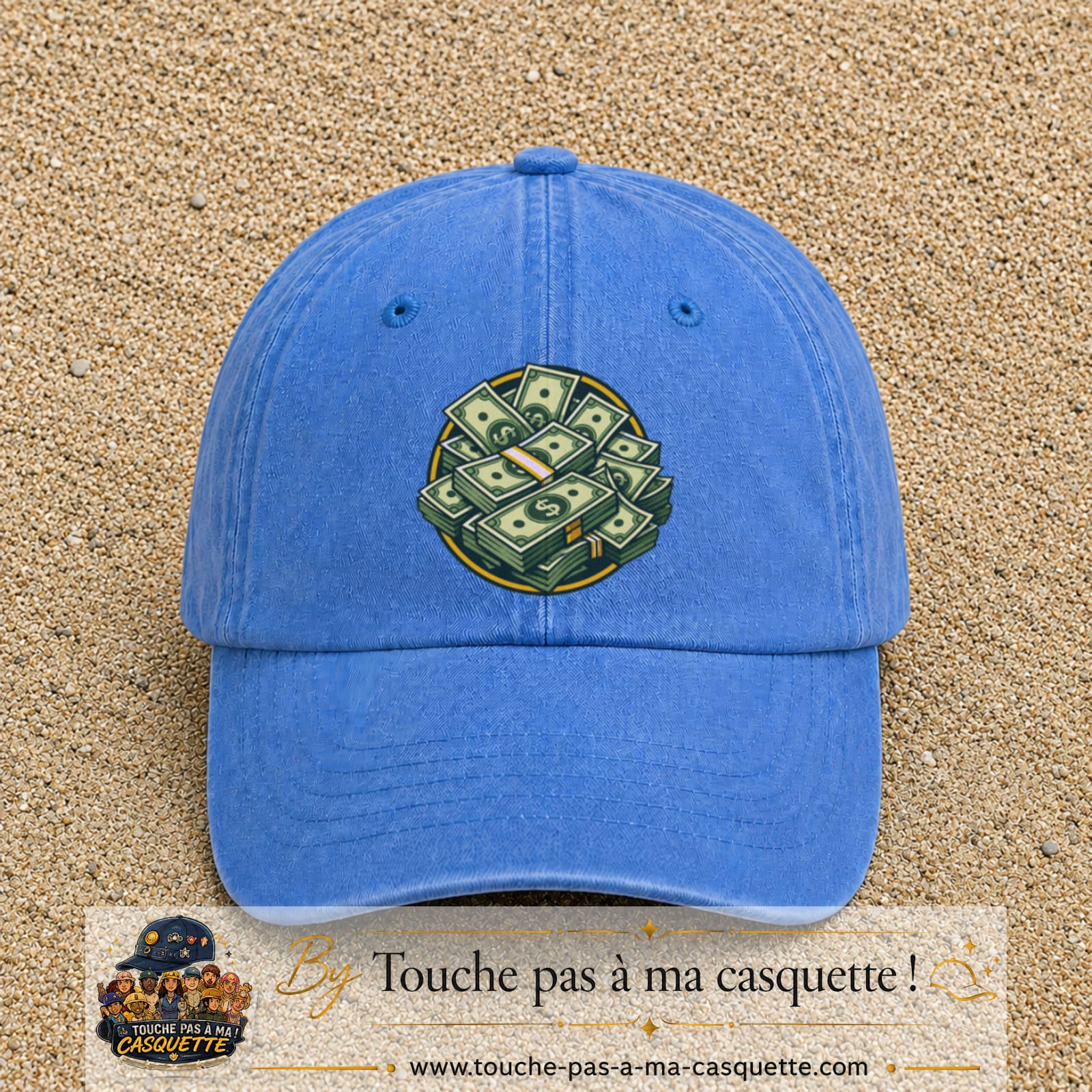 Image principale produit61grosBLC - casquette Bleu ciel délavé avec visuel Liasses de billets 7 cm