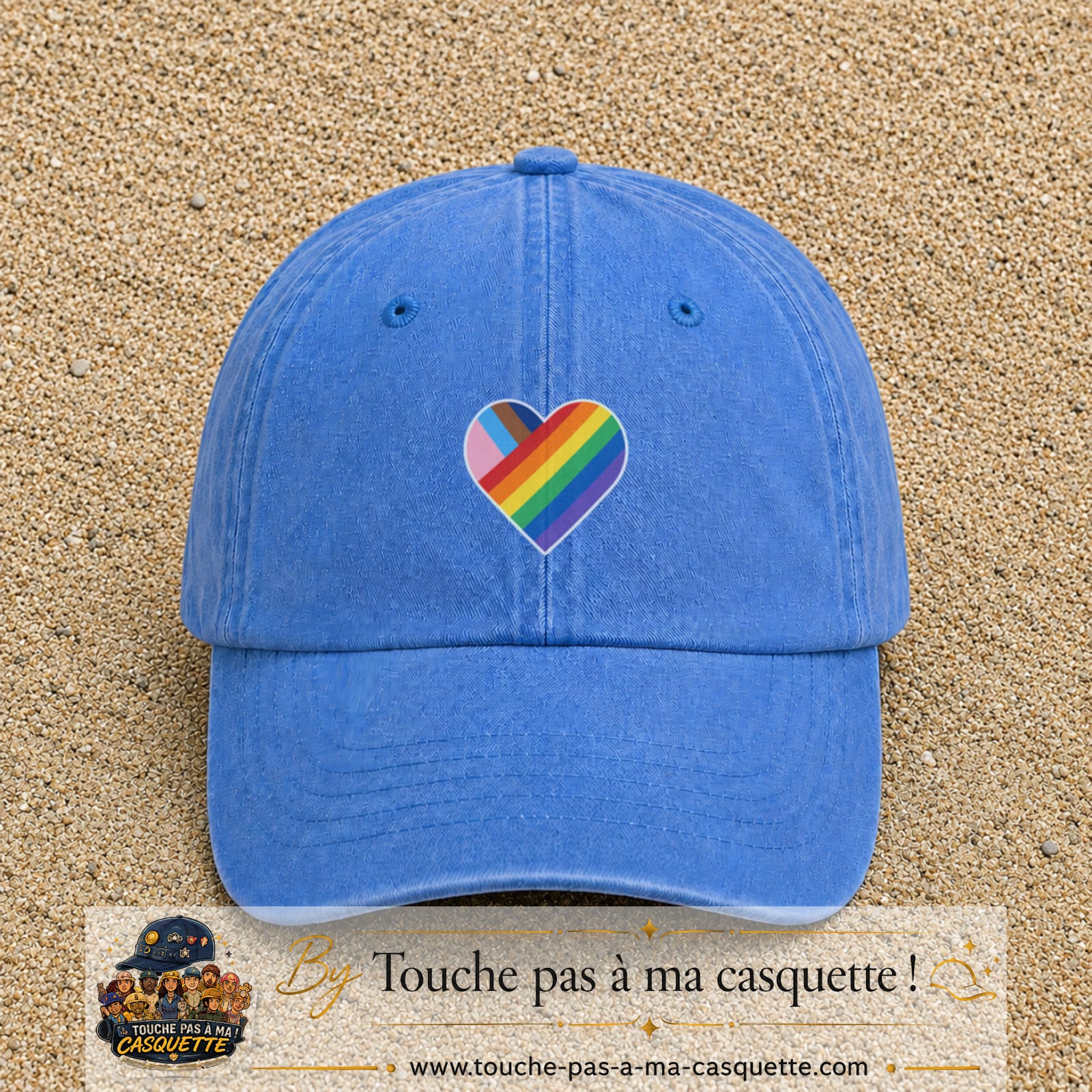 Image principale produit23moyenBLC - casquette Bleu ciel délavé avec visuel Cœur arc-en-ciel 5 cm