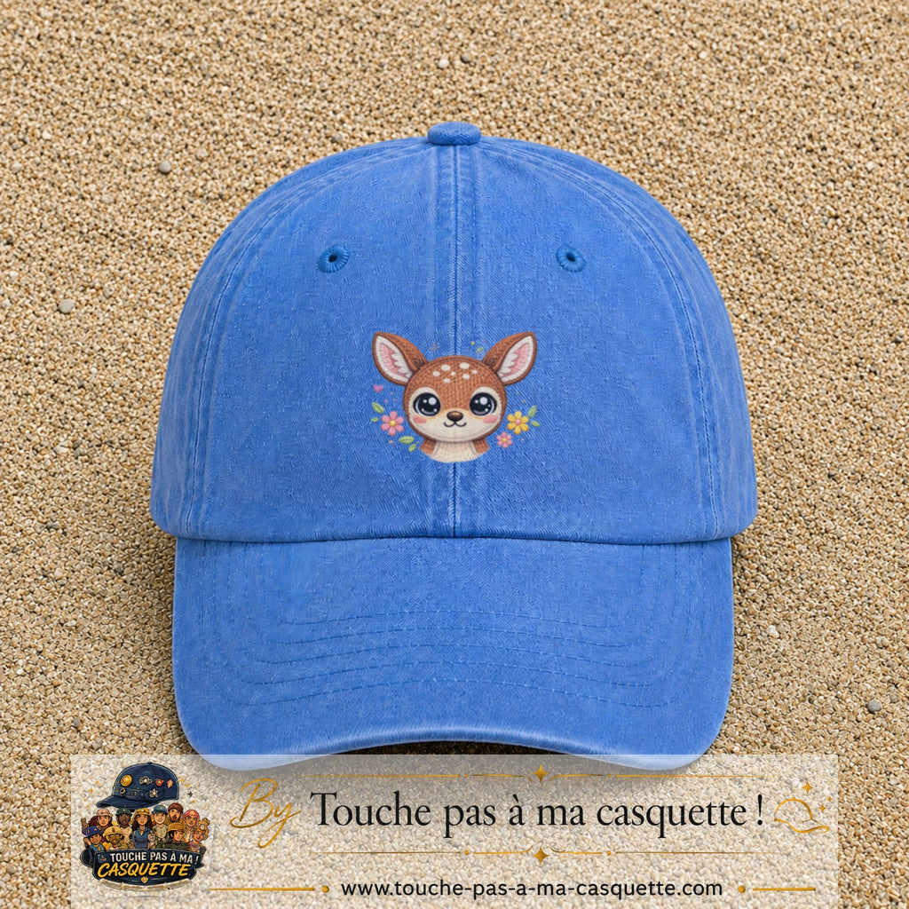 Image principale produit98moyenBLC - casquette Bleu ciel délavé avec visuel Faon fleuri 5 cm