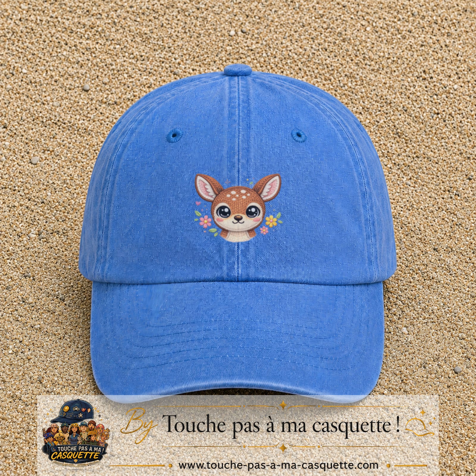 Image principale produit98moyenBLC - casquette Bleu ciel délavé avec visuel Faon fleuri 5 cm