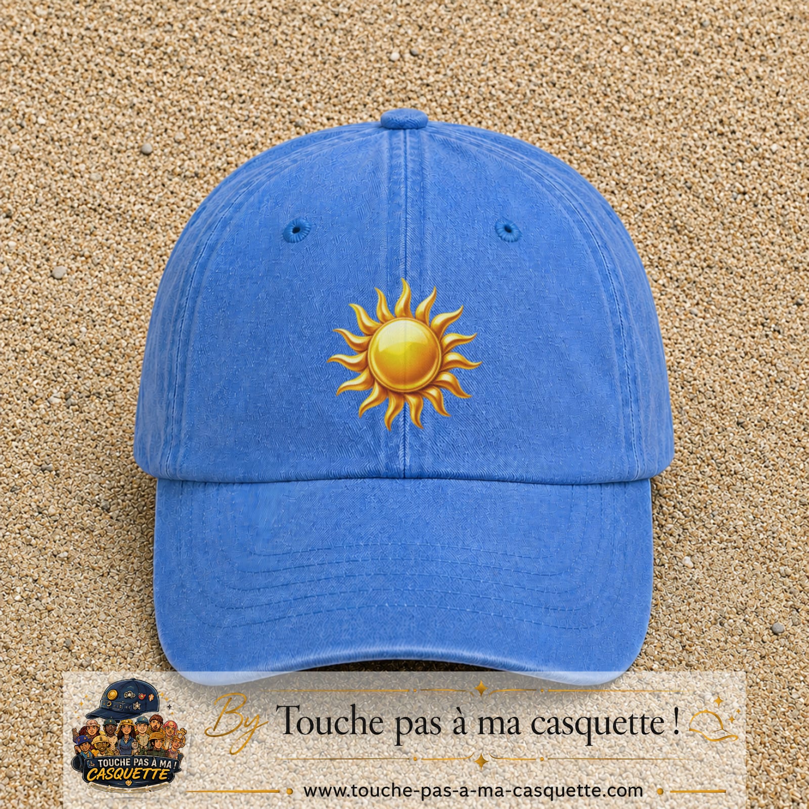 Image principale produit102grosBLC - casquette Bleu ciel délavé avec visuel Soleil brillant 7 cm