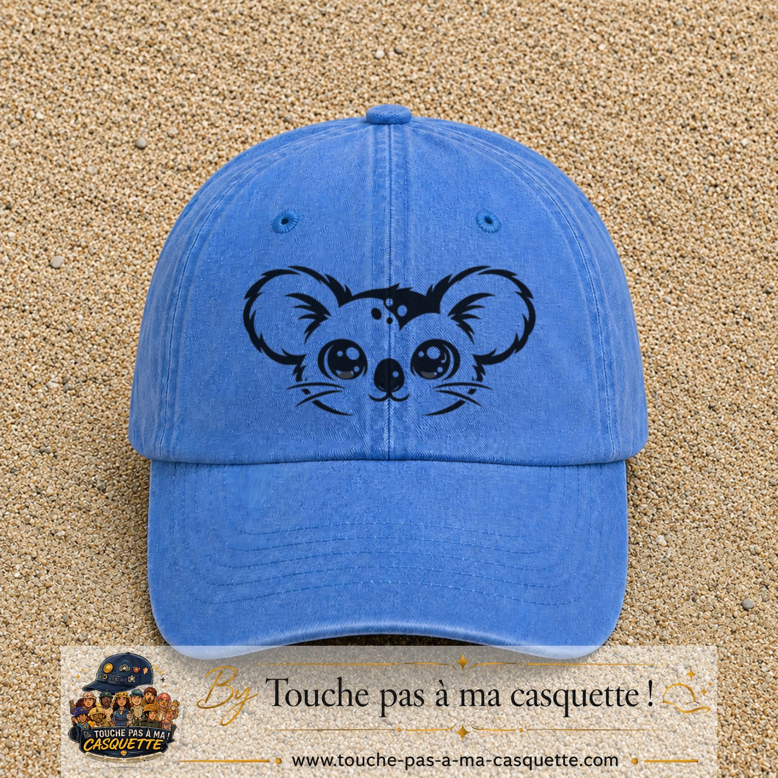 Image principale produit100grosBLC - casquette Bleu ciel délavé avec visuel Koala visage 7 cm