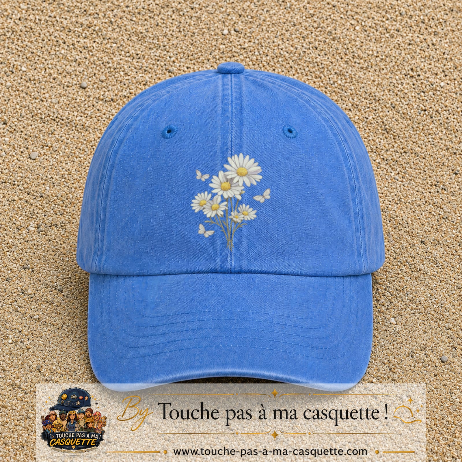 Image principale produit21grosBLC - casquette Bleu ciel délavé avec visuel Bouquet de marguerites 7 cm