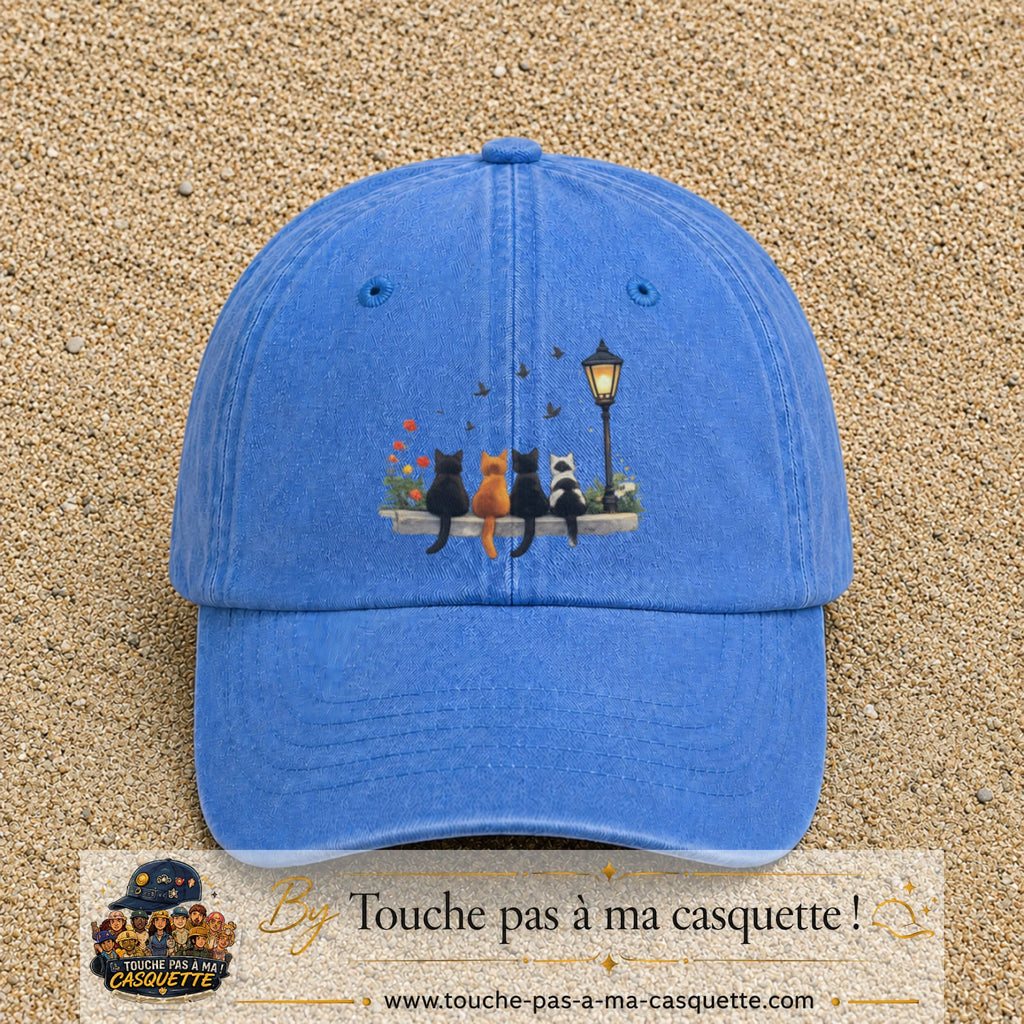 Image principale produit35grosBLC - casquette Bleu ciel délavé avec visuel Chats noirs banc automne 7 cm