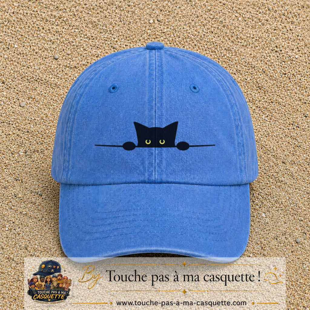 Image principale produit14moyenBLC - casquette Bleu ciel délavé avec visuel Chat noir caché pattes 5 cm