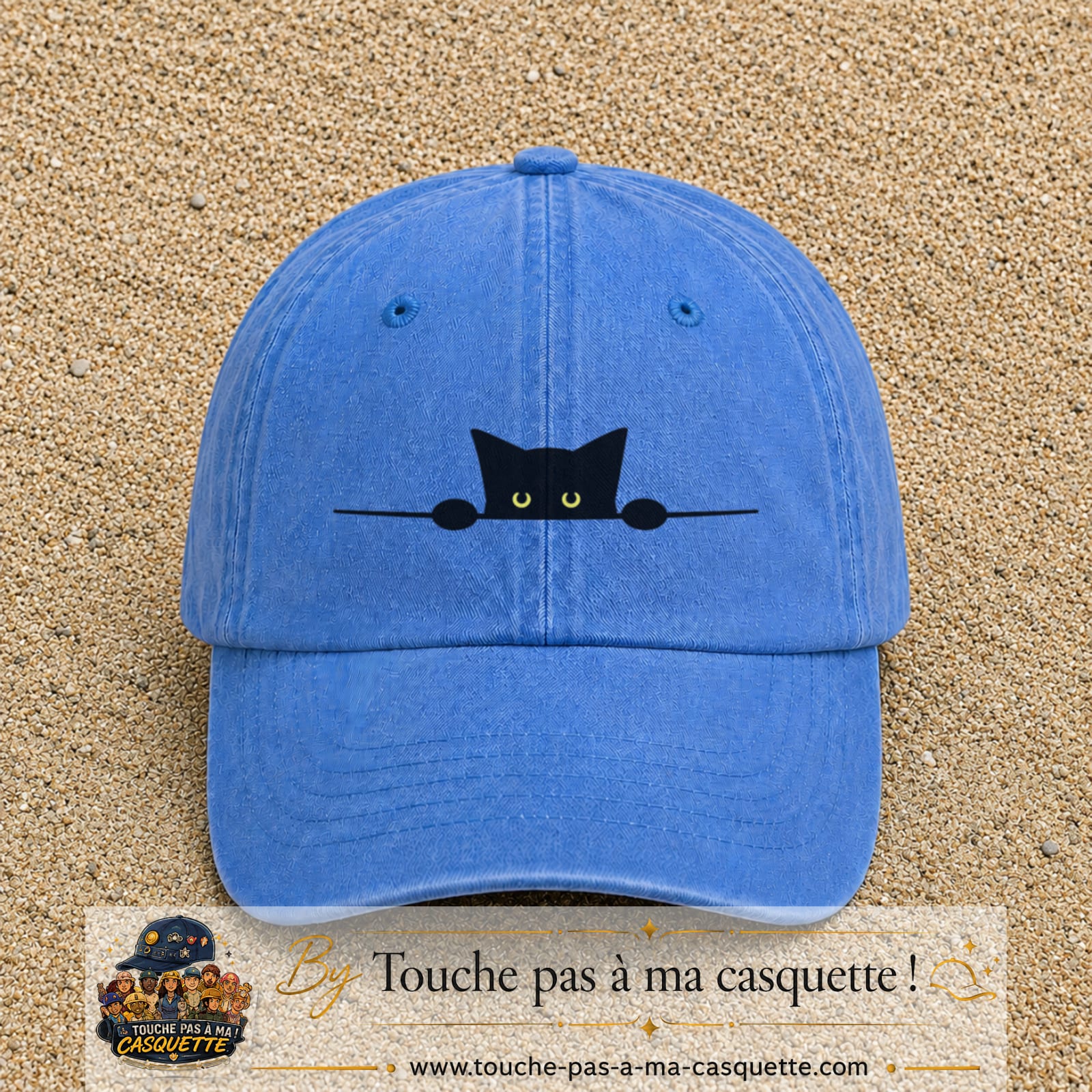 Image principale produit14moyenBLC - casquette Bleu ciel délavé avec visuel Chat noir caché pattes 5 cm