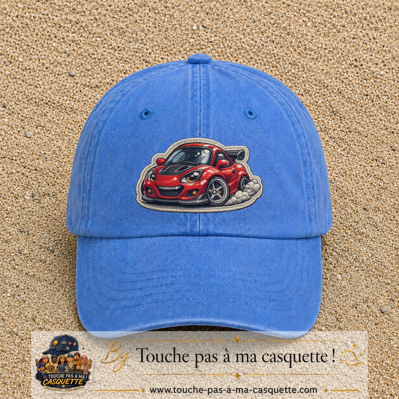 Image principale produit93grosBLC - casquette Bleu ciel délavé avec visuel Voiture rouge 7 cm